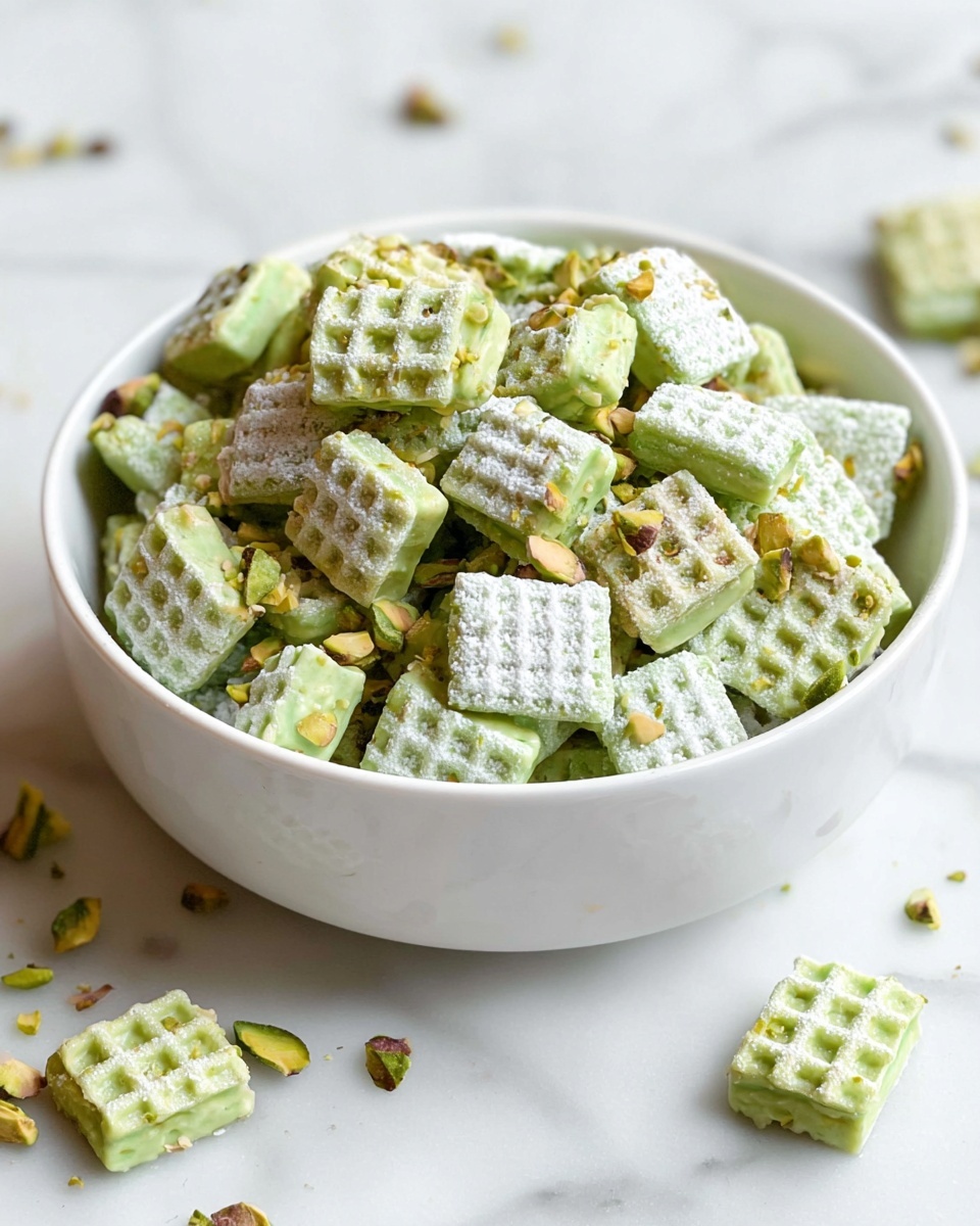A white bowl filled with many small square-shaped snacks that have a green color and a waffle texture on top and bottom layers. Some snacks are fully covered with a thick light green coating in the middle, while others are just dusted with white powder. The snacks are sprinkled with small pieces of green pistachios, both whole and chopped, scattered on top and among the snacks inside the bowl. The bowl sits on a white marbled surface with some pieces of the snack outside the bowl, showing their waffle pattern and pistachio topping. photo taken with an iphone --ar 4:5 --v 7