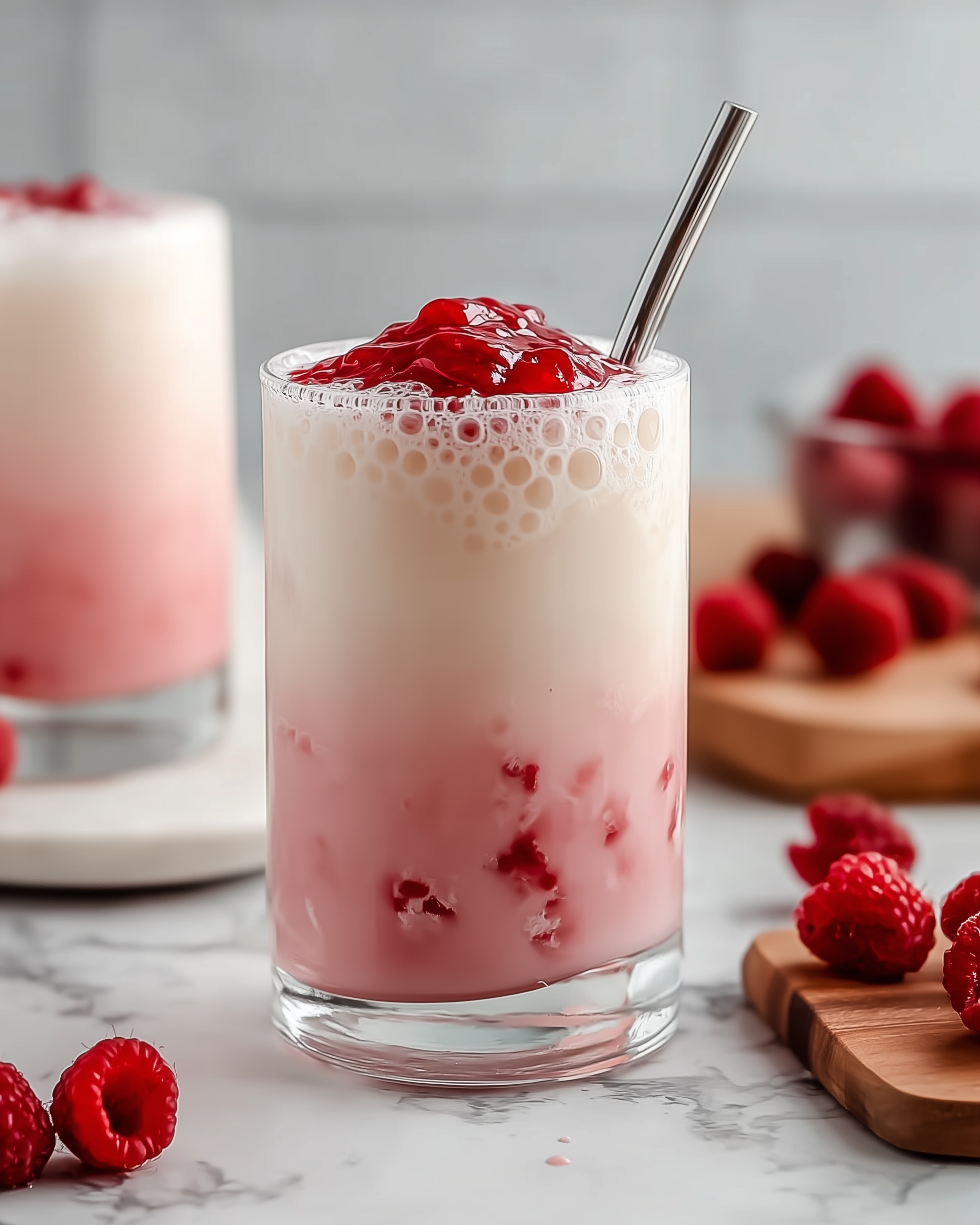 Vanilla Raspberry Iced Latte Recipe 4 Two tall clear glasses filled with a light pink creamy drink, each glass layered with many small red round beads inside, and topped with a half strawberry with its green stem on the edge. The drinks sit on a woven placemat on a white marbled surface. In the blurry background, a white plate holds a golden-brown pastry. The photo taken with an iphone --ar 4:5 --v 7