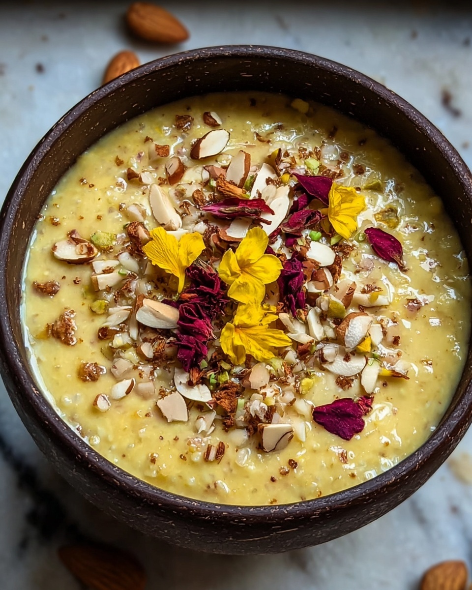 The image shows a close-up of a spoon lifting a thick, creamy mixture from a white bowl. The mixture has a light yellow-green color with visible small green pieces and darker spots, and a few dark red dried fruit pieces are mixed throughout. The bowl sits on a soft navy blue cloth with a blurred round orange object in the background. The texture looks smooth but chunky, and the lighting highlights the creamy and slightly sticky surface of the food. Photo taken with an iphone --ar 4:5 --v 7