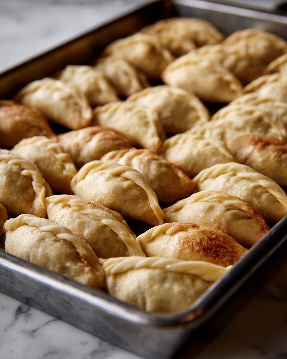 The image shows a metal baking tray filled with several uncooked dumplings arranged in rows. Each dumpling has a round dough ball at its center, wrapped with a thin layer of light beige dough shaped with pointed ends folded around the filling, creating a boat-like form. The dumplings have a soft, smooth texture with slightly curved edges. The tray sits on a white marbled surface. photo taken with an iphone --ar 4:5 --v 7
