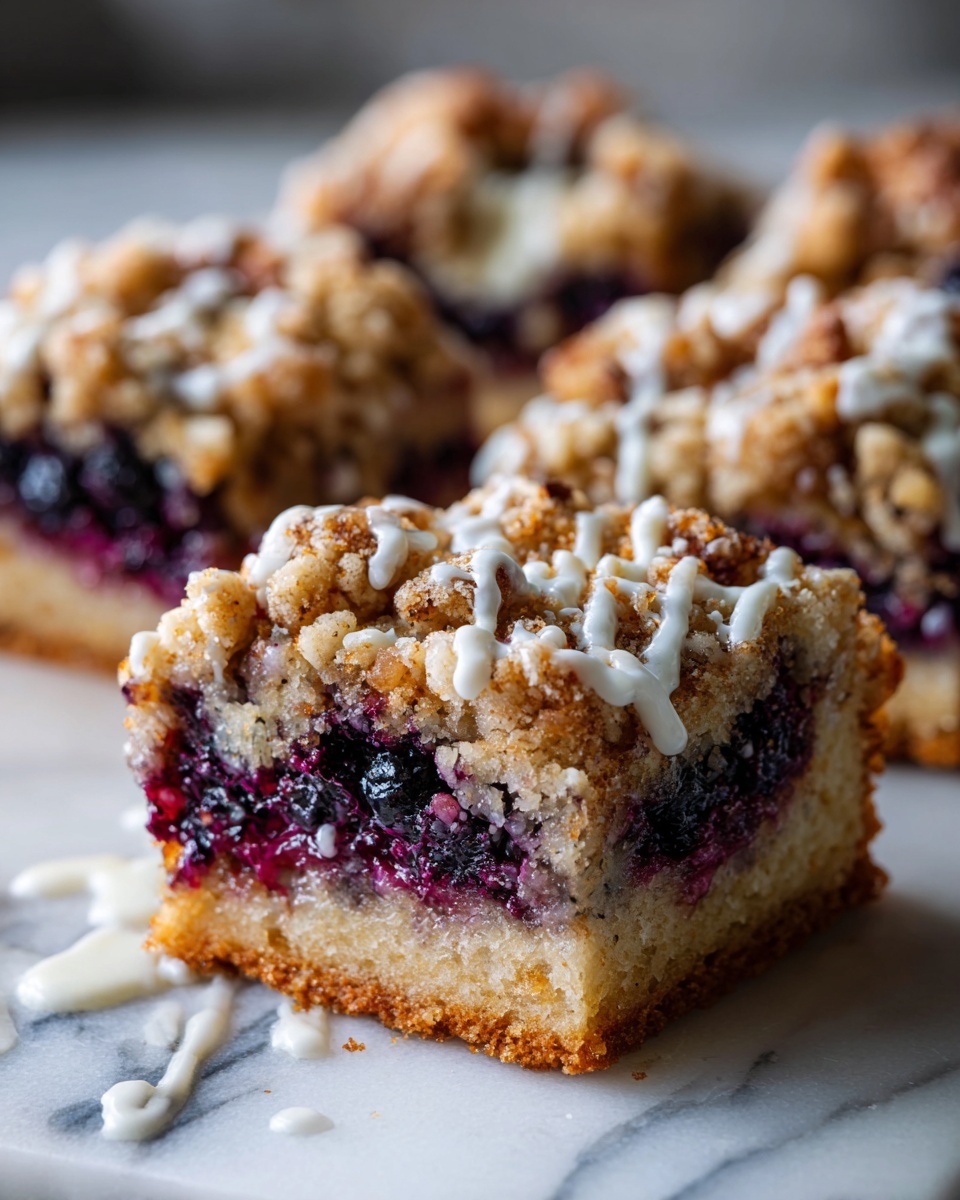 The image shows a square piece of dessert with three clear layers. The bottom layer is a firm, light golden brown cake. The middle layer contains dark purple berries mixed in a slightly moist filling that looks juicy and rich. The top layer is a crumbly golden brown streusel with bits of white icing drizzled unevenly over it. The dessert piece is placed on a white marbled surface. The background is blurred but shows more pieces of the same dessert in soft focus. photo taken with an iphone --ar 4:5 --v 7