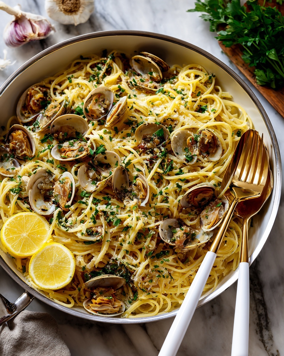 Clam Linguine Recipe 4 A white metal pan filled with layers of thin yellow spaghetti noodles at the base, mixed evenly with opened clam shells showing light beige clam meat inside. Scattered chopped green herbs cover the noodles and clams, adding color and texture. On the top right edge of the pan, there are three halved yellow lemon wedges with visible pulp. Resting inside the pan are a fork and spoon with shiny gold handles and white marbled grips. The pan is placed on a white marbled surface with some fresh green herbs and garlic cloves near the top. Photo taken with an iphone --ar 4:5 --v 7