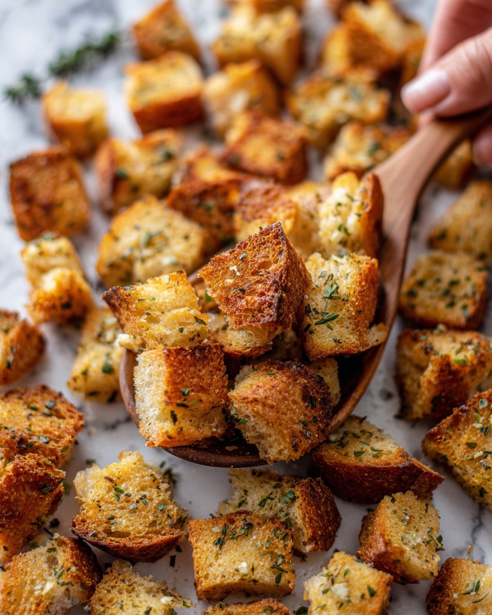 Homemade Croutons Recipe 5 Many small, golden brown bread pieces scattered across a white marbled surface. The bread pieces are rough and uneven, showing a crunchy texture with visible herbs on them, giving a seasoned look. In the middle, a wooden spoon holds several bread pieces, with a woman's hand gently holding the spoon's handle from the right side. The lighting highlights the toasted crust and the soft inside texture of the bread pieces photo taken with an iphone --ar 4:5 --v 7