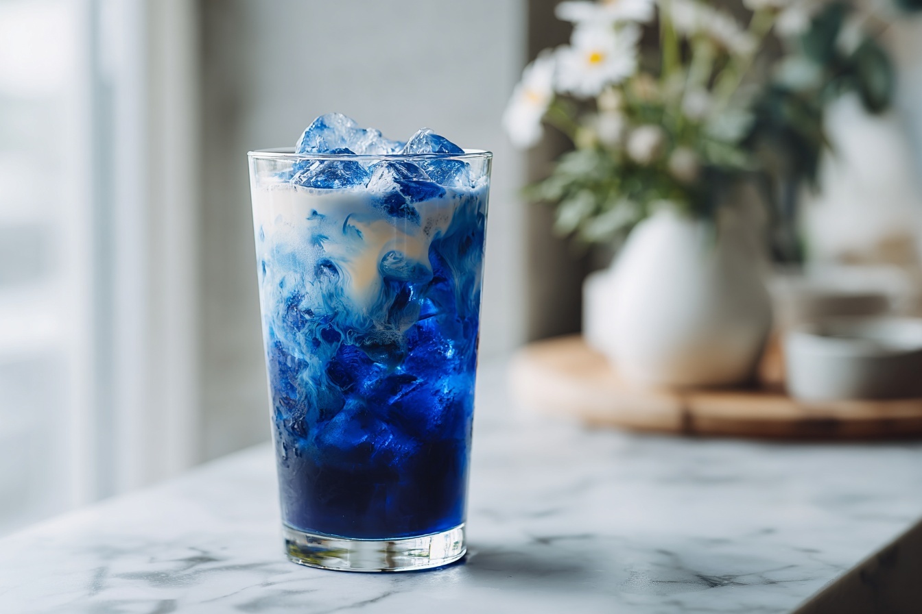 Blue Tea Latte with Vanilla Cold Foam Recipe 4 A clear glass filled with a deep purple liquid with swirling white cream being poured from above, creating soft cloud-like patterns and a smooth mix of colors. The drink has a layered look with the darker purple at the bottom and the creamy white on top. The glass sits on a white marbled surface. photo taken with an iphone --ar 4:5 --v 7