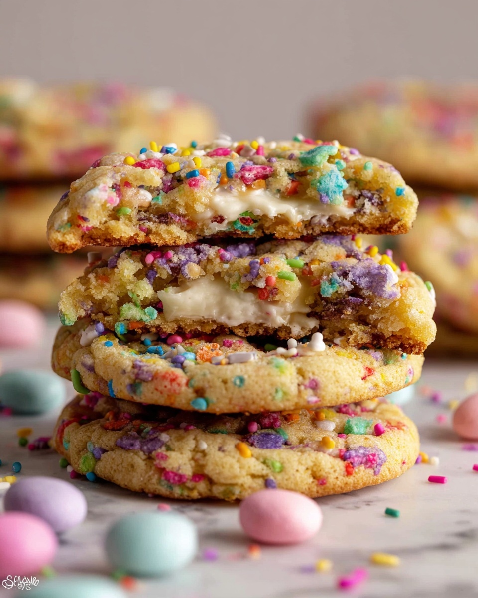 A close-up view of a stack of round cookies with a light golden-brown base, each cookie topped with a thick layer of bright, colorful sprinkles in shades of pink, purple, yellow, white, blue, and green, along with a few pastel candy-coated pieces in pink, green, and blue scattered across their surface, sitting on a white plate against a white marbled textured background, showing one cookie broken into pieces at the front. photo taken with an iphone --ar 4:5 --v 7