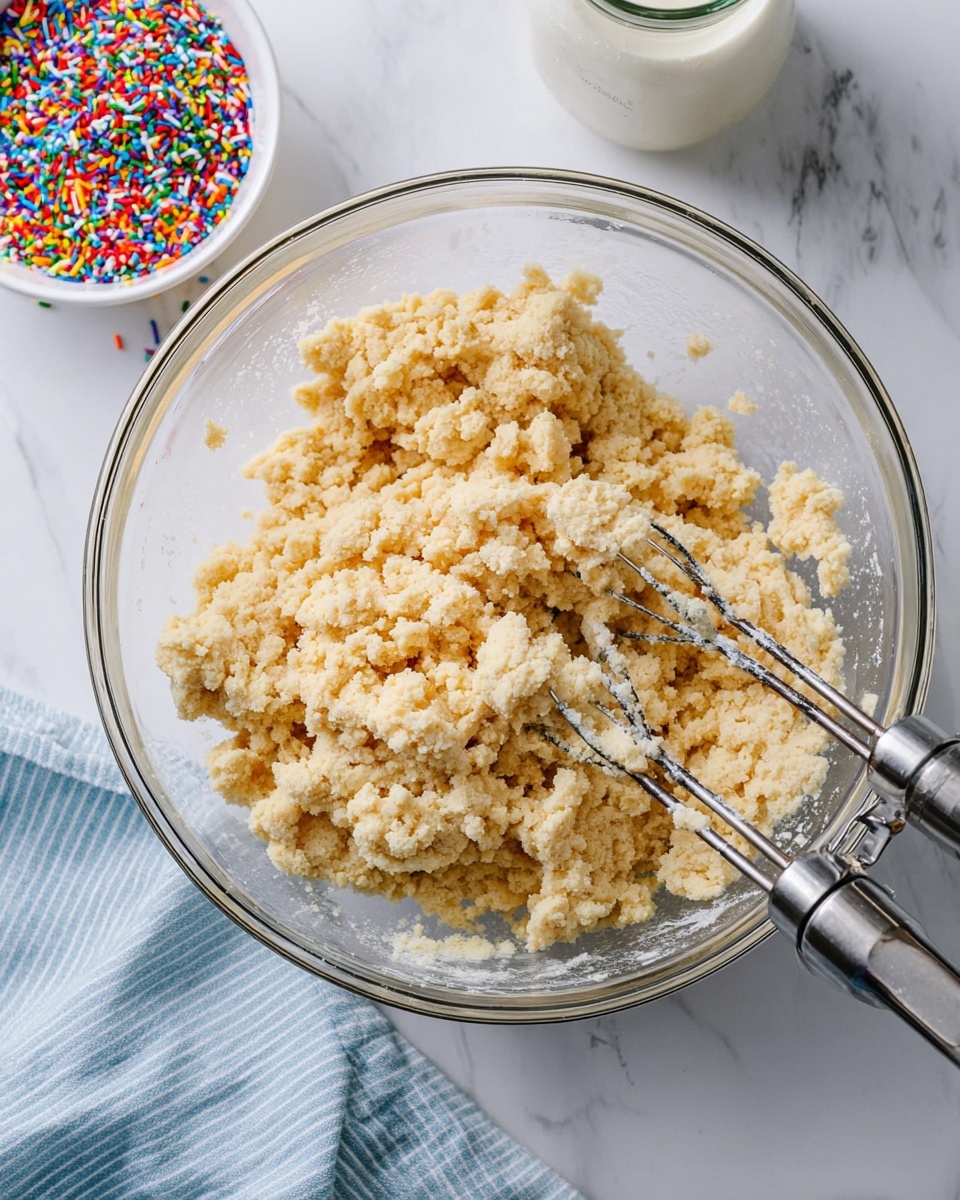 Sugar Cookie Bars Recipe 6 A clear glass bowl holds crumbly, pale yellow cookie dough with a rough texture, sitting center frame on a white marbled surface. Two silver mixer beaters rest inside the bowl, coated with bits of dough. To the upper right, a small white bowl filled with colorful sprinkles, mainly red, green, blue, yellow, and orange, is placed near a glass jar of cream or milk, both sitting on a soft blue towel with light stripes. The scene looks bright and clean, showing preparation before baking. photo taken with an iphone --ar 4:5 --v 7