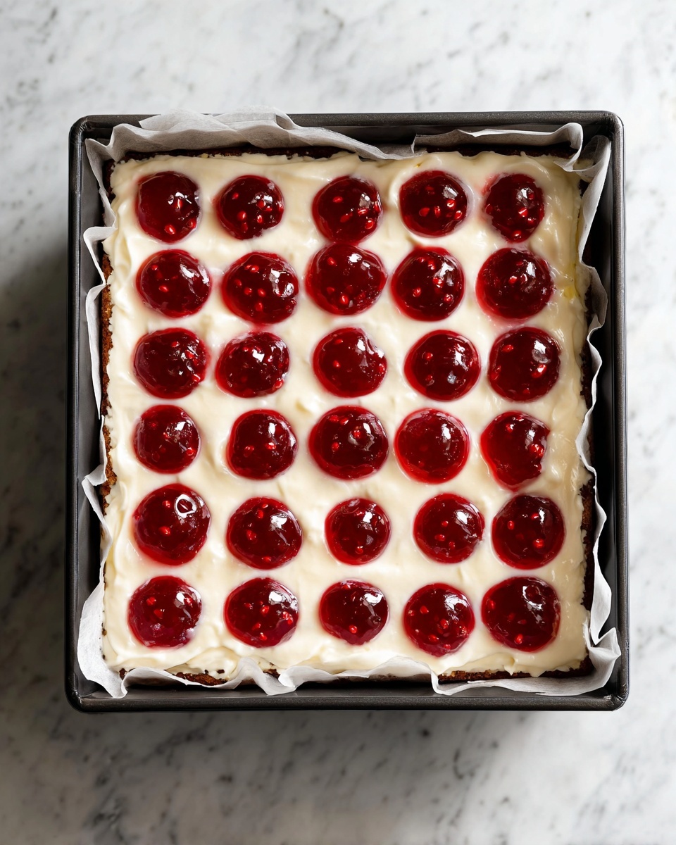 A square-shaped dessert in a dark baking pan lined with parchment paper sits on a white marbled surface. It has one smooth white cream layer evenly spread inside the pan. On top of the white cream, there are five rows and five columns of small, round red jelly dots, each glossy and evenly spaced, creating a neat grid pattern. The edges of the white cream layer slightly touch the sides of the lined pan. photo taken with an iphone --ar 4:5 --v 7