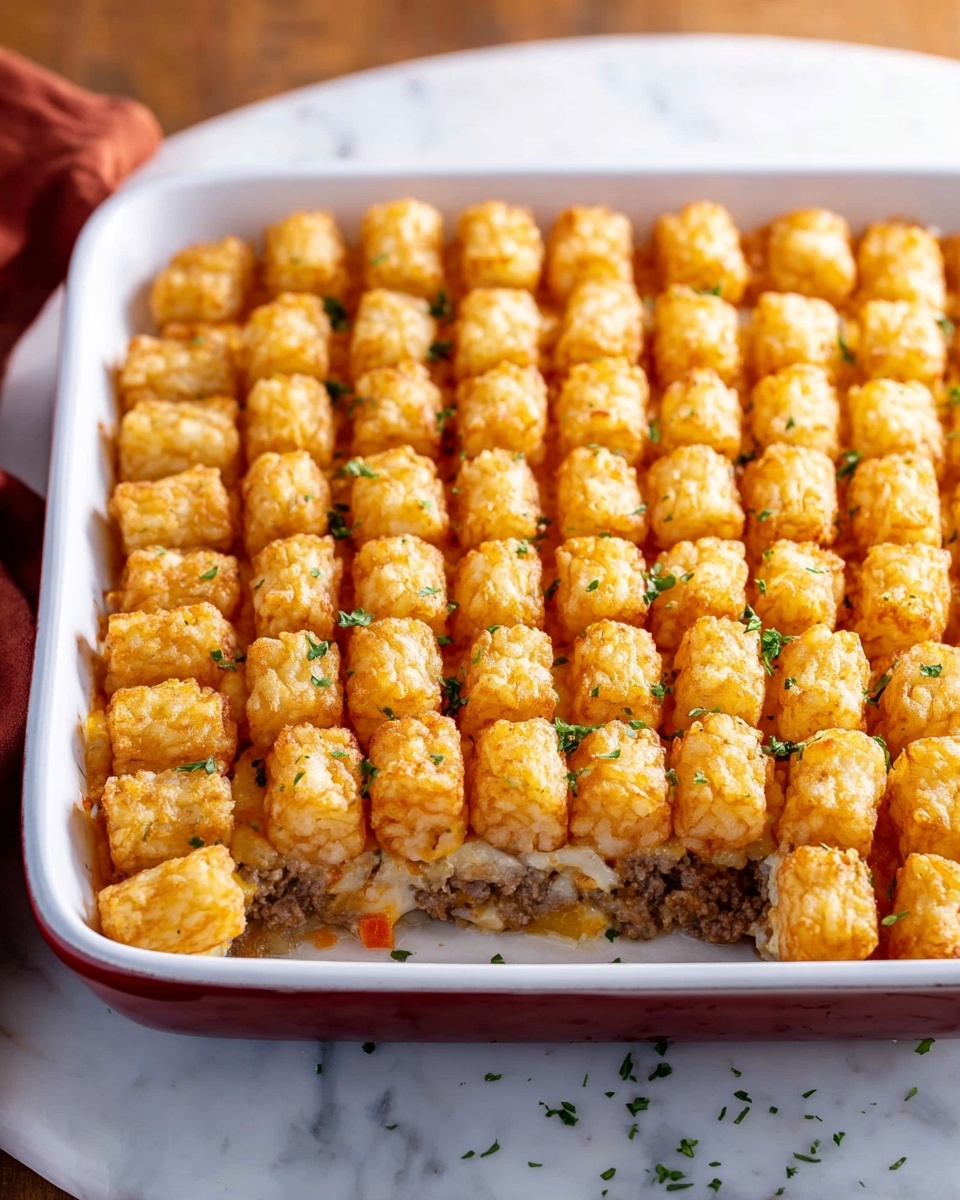 Classic Tater Tot Hotdish Recipe 4 Large white rectangular baking dish filled with a whole tater tot casserole, featuring a golden-brown, crispy layer of evenly arranged tater tots on top, beneath which is a creamy mixture of ground beef, peas, corn, diced carrots, and savory gravy, all bubbling and richly textured. The dish is photographed from a 3/4 angle, showing the full uncut casserole. It is styled on a white marble background with natural lighting to emphasize the contrasting colors and textures, creating a warm and inviting food magazine hero shot. Photo taken with an iphone --ar 4:5 --v 7