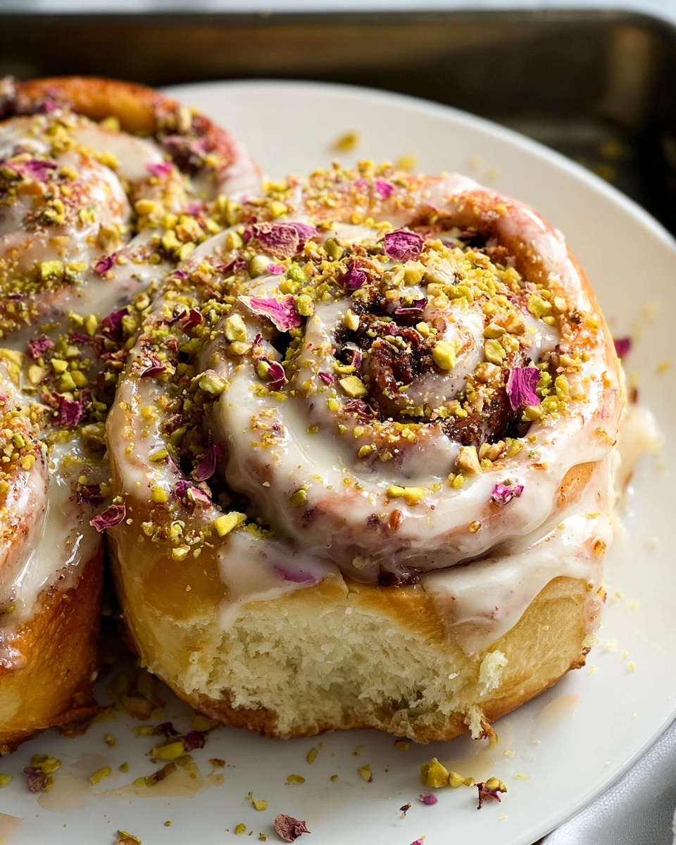 White rectangular baking dish filled with a full batch of golden brown cinnamon rolls, each roll generously glazed with creamy white icing and sprinkled with bright yellow crushed pistachios and delicate pink rose petals, arranged tightly and evenly to show the entire uncut tray, photographed from a professional 3/4 angle on a white marble countertop with natural lighting, capturing a rich and inviting texture like a hero shot from a food magazine, photo taken with an iphone --ar 4:5 --v 7