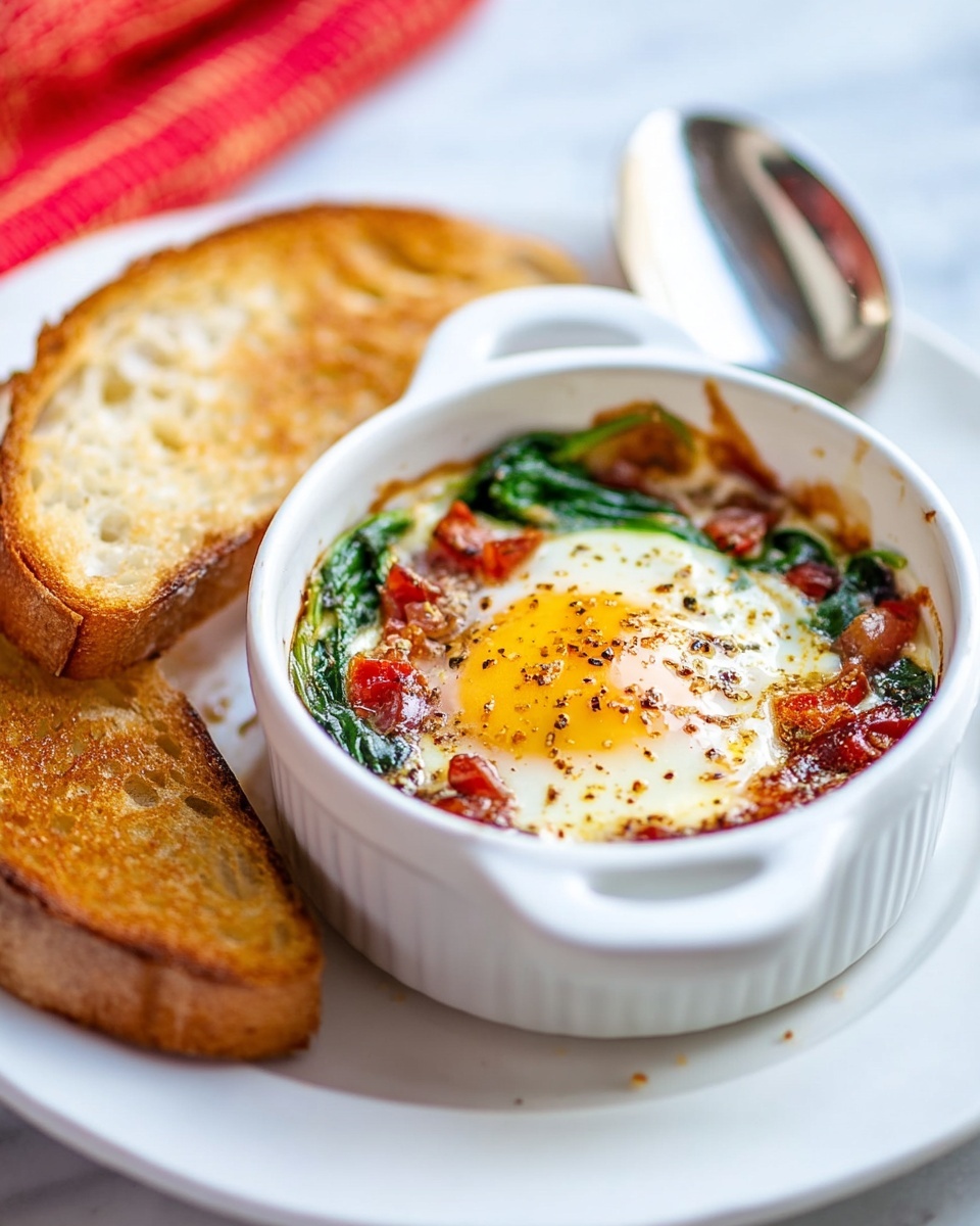 Mediterranean Baked Feta Eggs with Spinach Recipe 4 A pristine white round ceramic dish filled with a freshly baked shakshuka, showcasing vibrant tomato sauce rich with wilted spinach and chunks of roasted red peppers, topped with several perfectly cooked eggs with intact yolks still bright and glossy, lightly seasoned with cracked black pepper, whole dish displayed from a 3/4 angle on a white marble countertop with natural lighting, styled as a professional food magazine hero shot, photo taken with an iphone --ar 4:5 --v 7