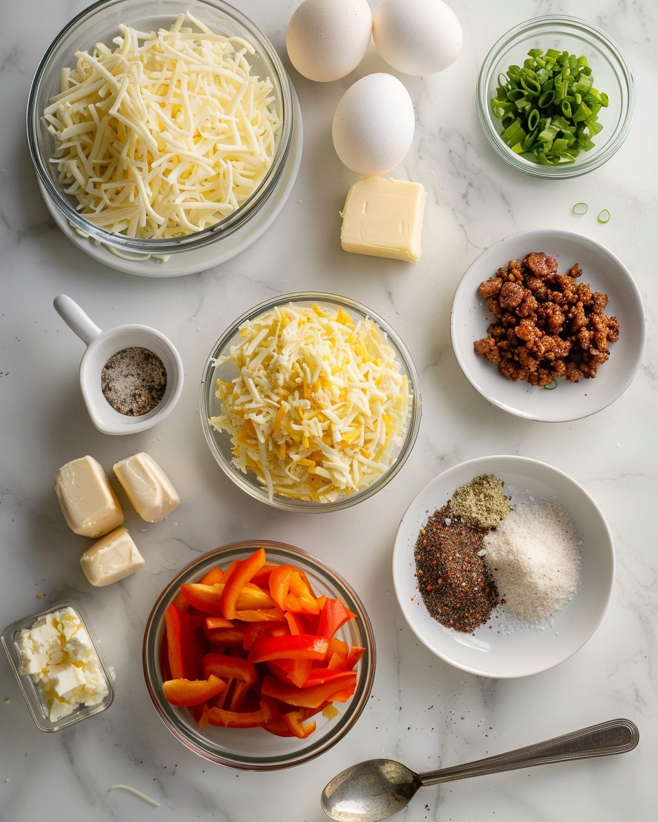 Breakfast Pizza with Crispy Hash Brown Crust and Eggs Recipe 5 A single white plate holding one generously sized slice of breakfast pizza topped with a sunny-side-up egg revealing a bright, runny yolk, crumbled savory sausage, melted cheddar cheese, and finely chopped green onions and red bell peppers scattered on top, close-up angled shot showing the crispy golden edges and the textured baked crust beneath, placed on white marble surface with natural light illuminating the vibrant colors and layers, styled like a food blog plated serving, photo taken with an iphone --ar 4:5 --v 7