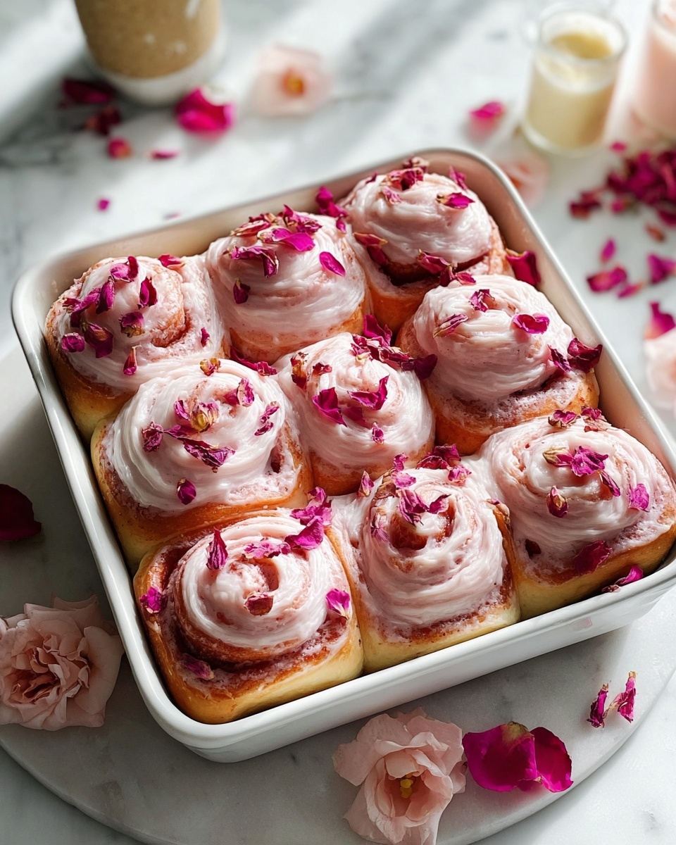 Vegan Pink Cinnamon Rolls Bursting with Berry Goodness Recipe 6 Full white ceramic baking dish filled with a dozen freshly baked rose-hued cinnamon rolls, each generously topped with creamy, swirled frosting in varying shades of soft pink and white, delicately garnished with bright pink edible rose petals, the entire uncut batch arranged perfectly in the pan, vibrant floral accents around the dish on a white marble countertop, natural sunlight enhancing the textures and colors, professional food magazine style hero shot taken with an iphone --ar 4:5 --v 7