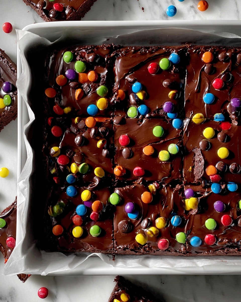 Copycat Rainbow Chip Fudge Brownies Recipe 6 Rectangular white baking pan filled with a rich, moist chocolate sheet cake covered in a smooth, glossy layer of dark chocolate ganache, topped with an array of colorful candy-coated chocolate buttons evenly scattered across the entire surface, whole uncut cake photographed from above on a white marble countertop, professional food styling, natural lighting, photo taken with an iphone --ar 4:5 --v 7