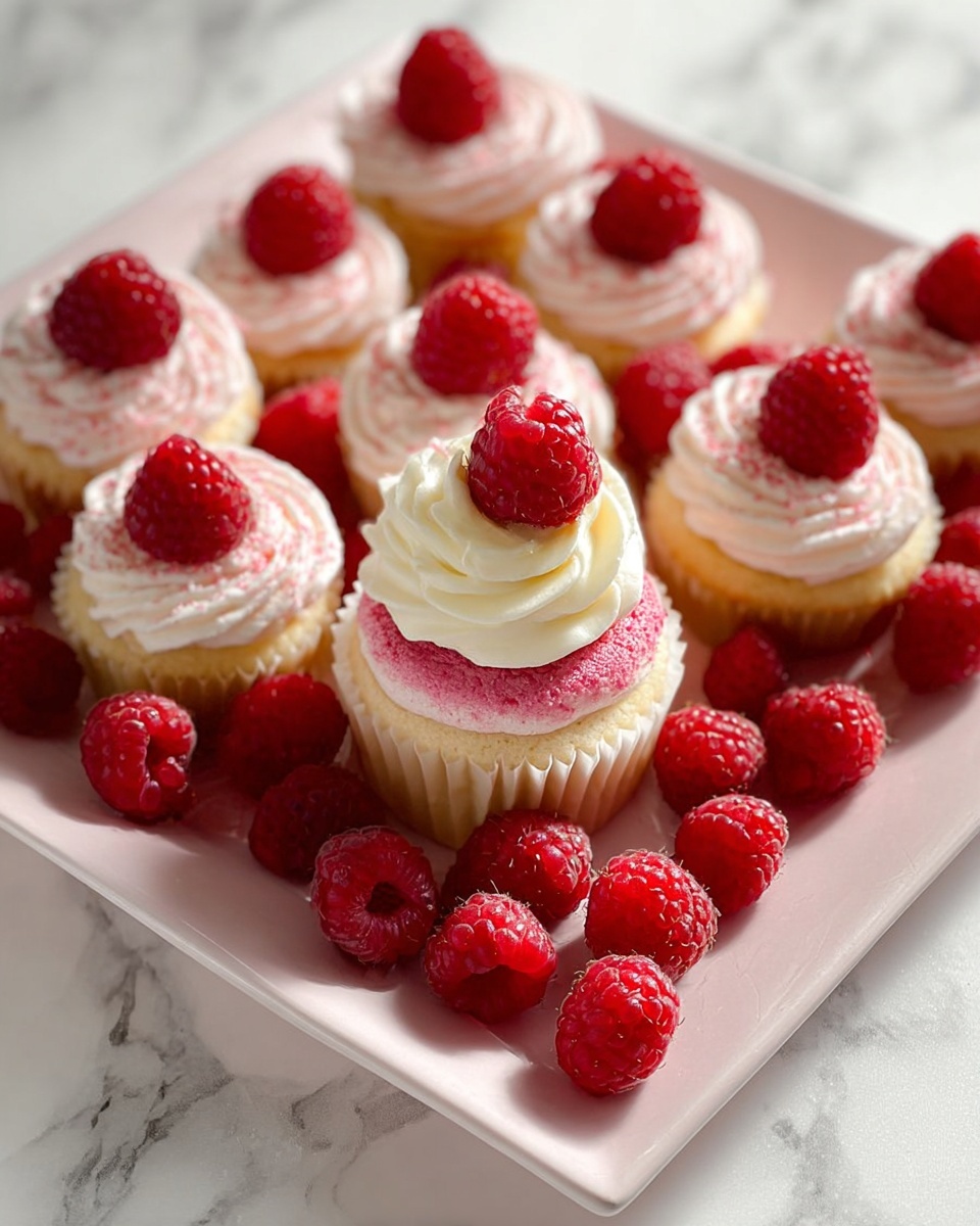 Fluffy Japanese Cotton Cheesecake Cupcakes for Guilt-Free Indulgence Recipe 6 A white square platter filled with a dozen vanilla cupcakes, each topped with a swirl of creamy white frosting and a ring of pink frosting, crowned with a fresh red raspberry, surrounded by additional whole raspberries scattered artfully around the platter, whole arrangement captured from a 3/4 angle against a white marble countertop, natural sunlight highlighting the vibrant colors and textures, professional food magazine style photo taken with an iphone --ar 4:5 --v 7