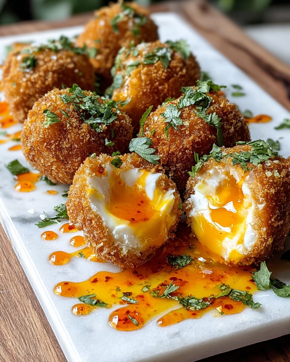 White rectangular serving platter filled with a full batch of golden, crispy fried croquettes, each round coated with crunchy breadcrumbs, stuffed with creamy cheese and soft boiled egg yolk oozing slightly, generously drizzled with vibrant orange chili sauce and sprinkled with fresh chopped cilantro, arranged neatly to showcase their texture and rich filling, photographed from a 3/4 angle on a white marble surface with natural lighting, professional food styling photo taken with an iphone --ar 4:5 --v 7