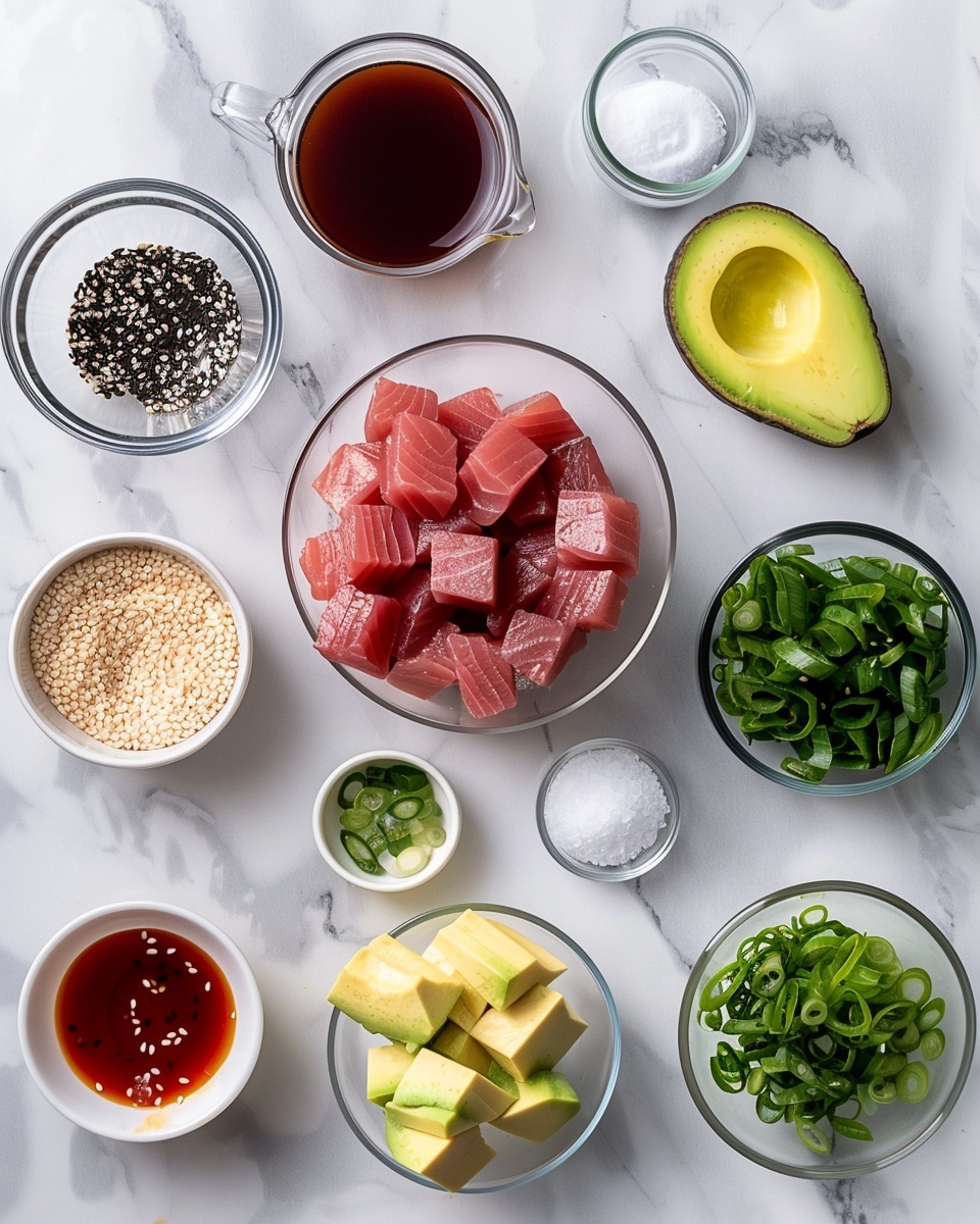 Long white rectangular serving platter filled with a whole generous portion of vibrant ahi tuna poke nachos, featuring crispy golden chips layered with bright red diced ahi tuna, fresh green avocado slices, ringed jalapeños, and drizzled with creamy spicy mayo, sprinkled with black and white sesame seeds and chopped green onions, shot from a 3/4 angle on a white marble countertop with natural lighting, styled like a hero food magazine photo taken with an iphone --ar 4:5 --v 7