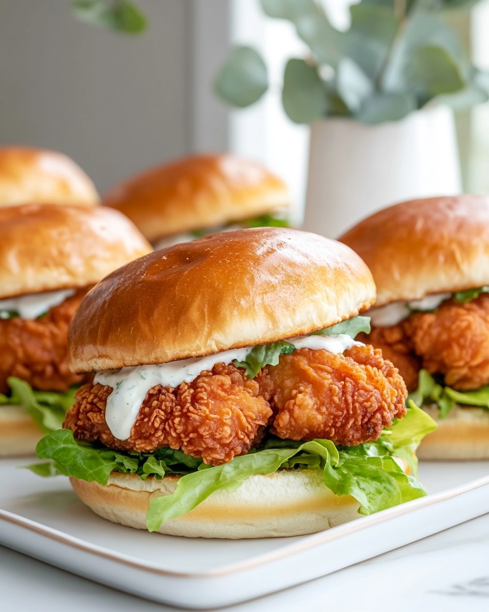 Crispy Chicken Caesar Sandwich Recipe Made Easy Recipe 6 A large white plate beautifully arranged with several crispy fried chicken sandwiches, showcasing golden-brown crunchy chicken fillets nestled inside soft, perfectly rounded sandwich buns. Each sandwich is layered generously with fresh, crisp iceberg lettuce and drizzled with creamy ranch dressing, slight drips emphasizing the richness. The sandwiches are presented whole, uncut, with vibrant green lettuce peeking out from the buns. The scene is shot at a professional 3/4 angle, with the entire arrangement captured on a clean white marble countertop under natural lighting, creating a mouthwatering, magazine-style hero shot. Photo taken with an iphone --ar 4:5 --v 7