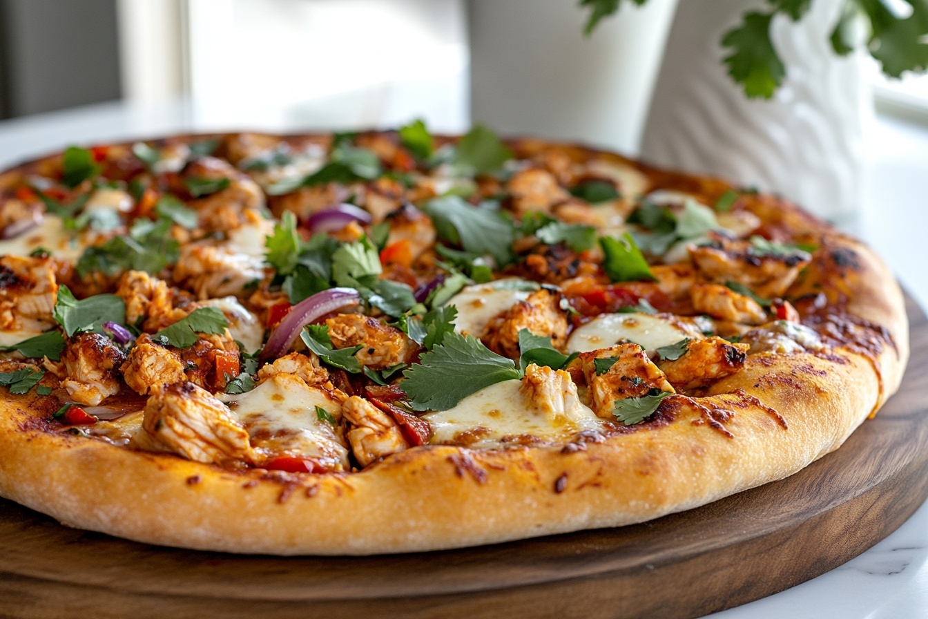 Chili Garlic Chicken Pizza Recipe 6 Whole uncut pizza on a large white plate, topped with generous chunks of seasoned chicken, melted mozzarella cheese, rich barbecue sauce drizzle, and sprinkled with fresh cilantro leaves, crust golden and crispy, entire pizza shown at a 3/4 angle on a pristine white marble countertop under natural lighting, styled as a professional food magazine hero shot, photo taken with an iphone --ar 4:5 --v 7