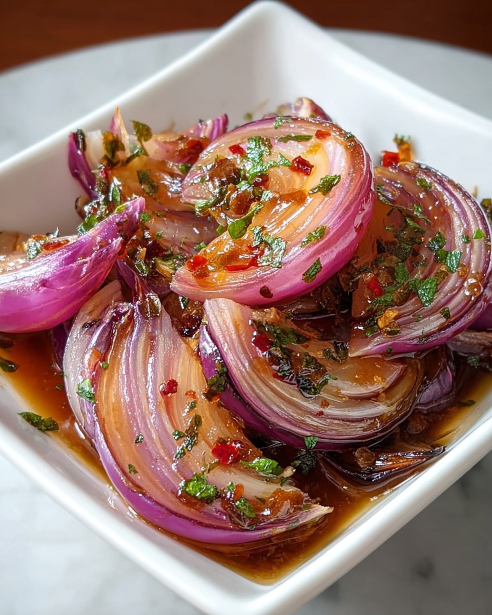 A close-up view of a pan filled with cooked onion wedges that show layers of light purple, white, and browned edges, mixed with small slices of garlic and thin strips of red chili pepper. The onions have a shiny, slightly caramelized texture and are sprinkled with small green herb pieces on top. The pan sits on a green cloth over a white marbled surface. Photo taken with an iphone --ar 4:5 --v 7
