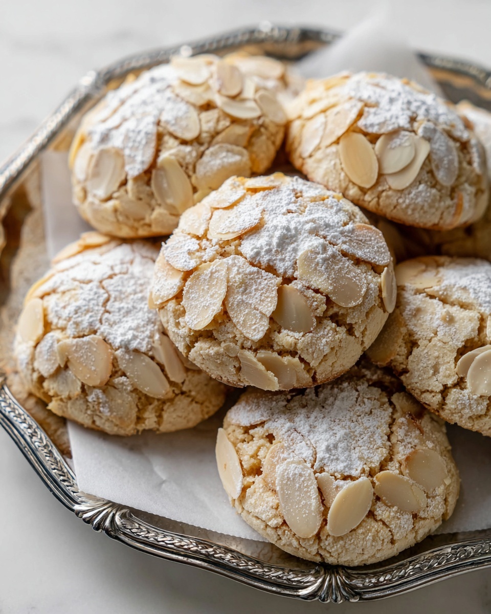The image shows several round almond cookies placed closely together on a silver tray lined with white parchment paper. Each cookie is coated with thin, light beige almond slices covering the surface in a slightly uneven pattern, giving a textured look. The tops of the cookies are dusted with a light layer of white powdered sugar, adding a soft contrast to the pale almond slices. The cookies have a cracked surface beneath the almond topping, showing slight browning under the powdered sugar. The tray sits on a white marbled surface with soft natural light highlighting the textures and colors. Photo taken with an iphone --ar 4:5 --v 7