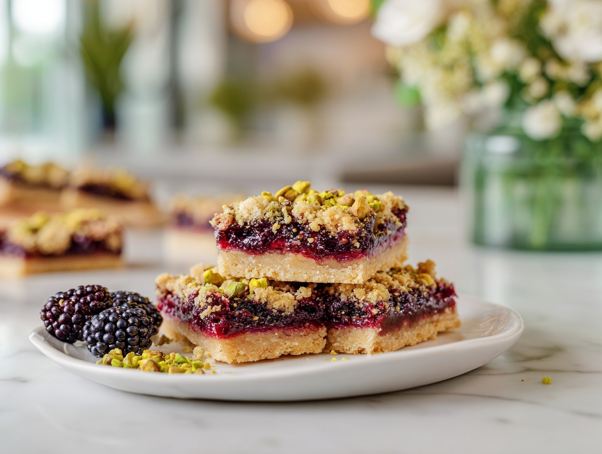 The image shows three square pieces of a dessert bar with three visible layers: a light brown crumbly base layer, a thick creamy pale yellow middle layer, and a marbled top layer of dark purple and pale yellow swirls that look like blackberry sauce mixed into cream. The bars are placed on white parchment paper on a white marbled surface. There are whole blackberries next to the bars, and two lemon slices in the top background. Some purple juice has spread slightly onto the parchment near one of the bars. The colors are rich with dark purple, creamy yellow, and light brown tones. photo taken with an iphone --ar 4:5 --v 7