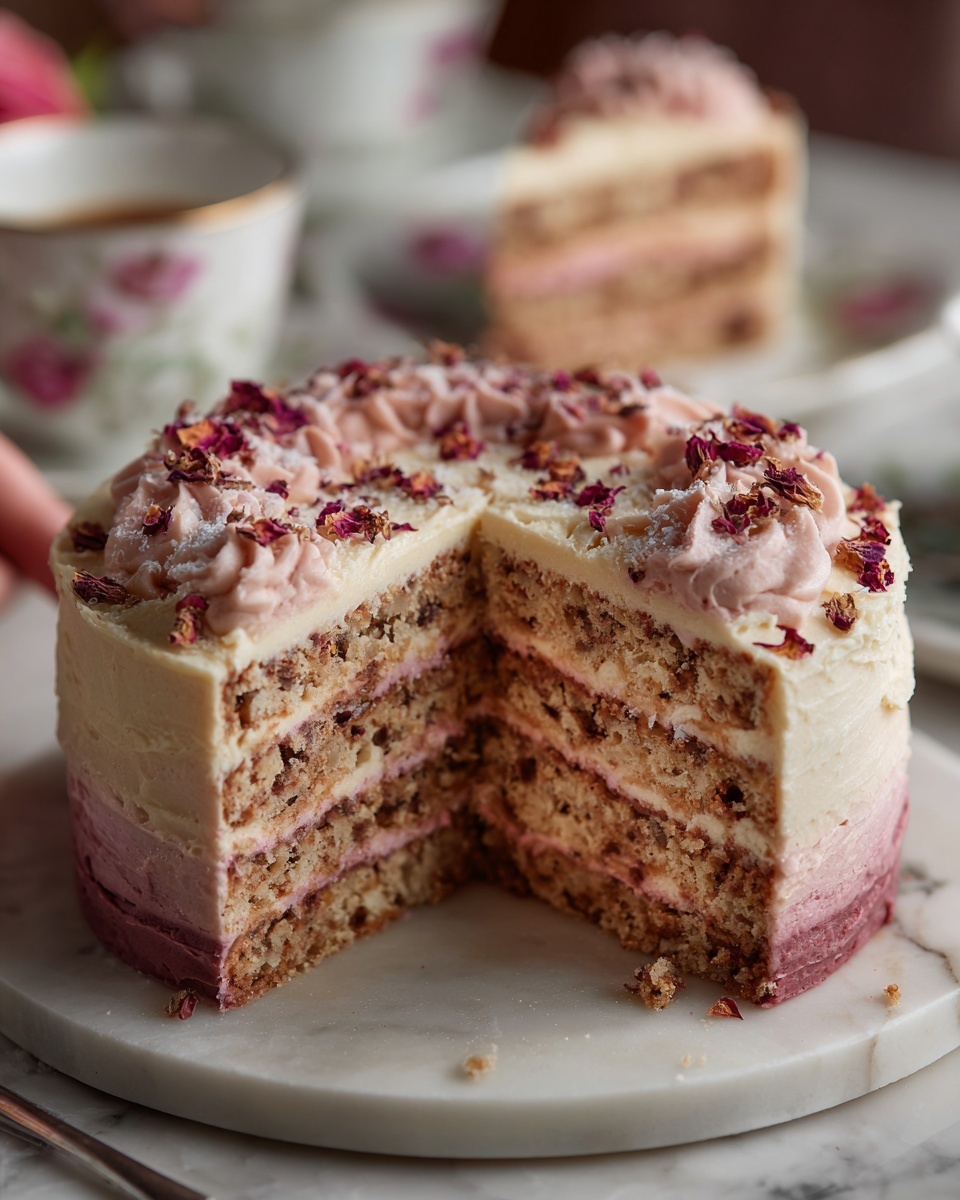A two-layer round cake sits on a white cake stand with a silver board under it. The bottom layer is covered in a smooth pink jelly-like coating while the top layer is covered in creamy white frosting with soft, round ridges. On top, there are frozen red and orange flower petals scattered in the center. The background is a white marbled texture. Photo taken with an iphone --ar 4:5 --v 7