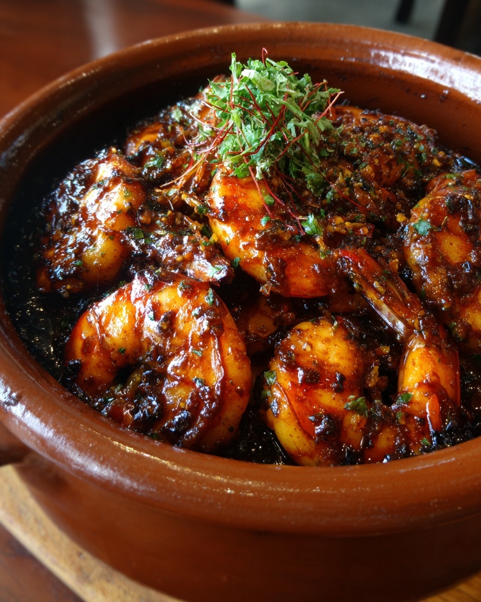 A group of orange shrimp with shells and heads on, cooked in a dark pan, covered with a shiny brown garlic sauce and small garlic pieces scattered over them, showing a mix of bright orange and light brown colors with a slightly glossy texture, all close together filling the pan bottom, photo taken with an iphone --ar 4:5 --v 7