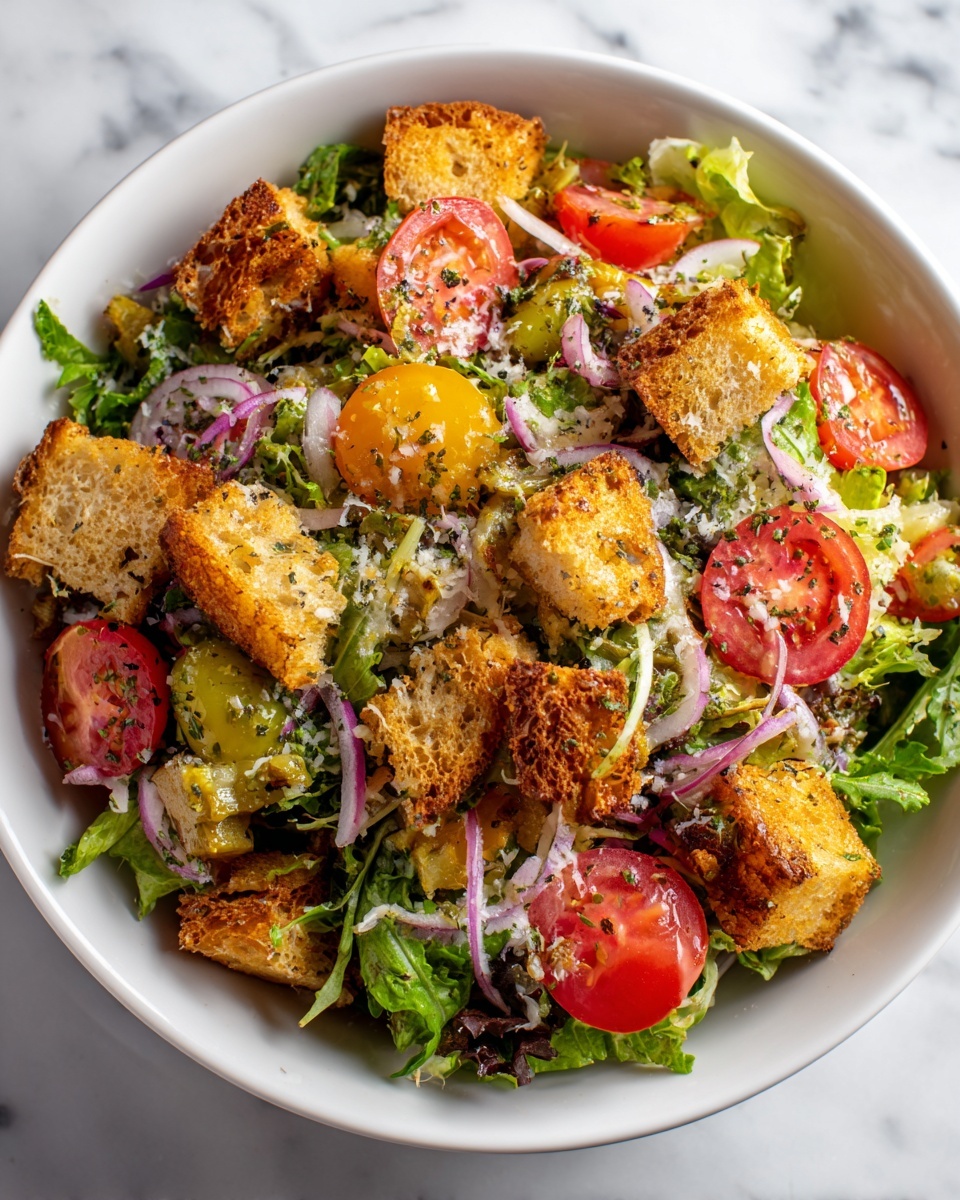 Homemade Croutons Recipe 6 A white bowl filled with a fresh salad showing multiple layers: the base layer is different green leaves including romaine and arugula, scattered with thin slices of white onion and red onion rings; on top are halved bright red cherry tomatoes and whole pale green pepperoncini peppers; the salad is generously sprinkled with golden brown, crisp croutons that have a slightly rough texture with visible herbs; the salad is lightly coated with a herb dressing that adds small green flecks across the ingredients; all set on a white marbled surface photo taken with an iphone --ar 4:5 --v 7
