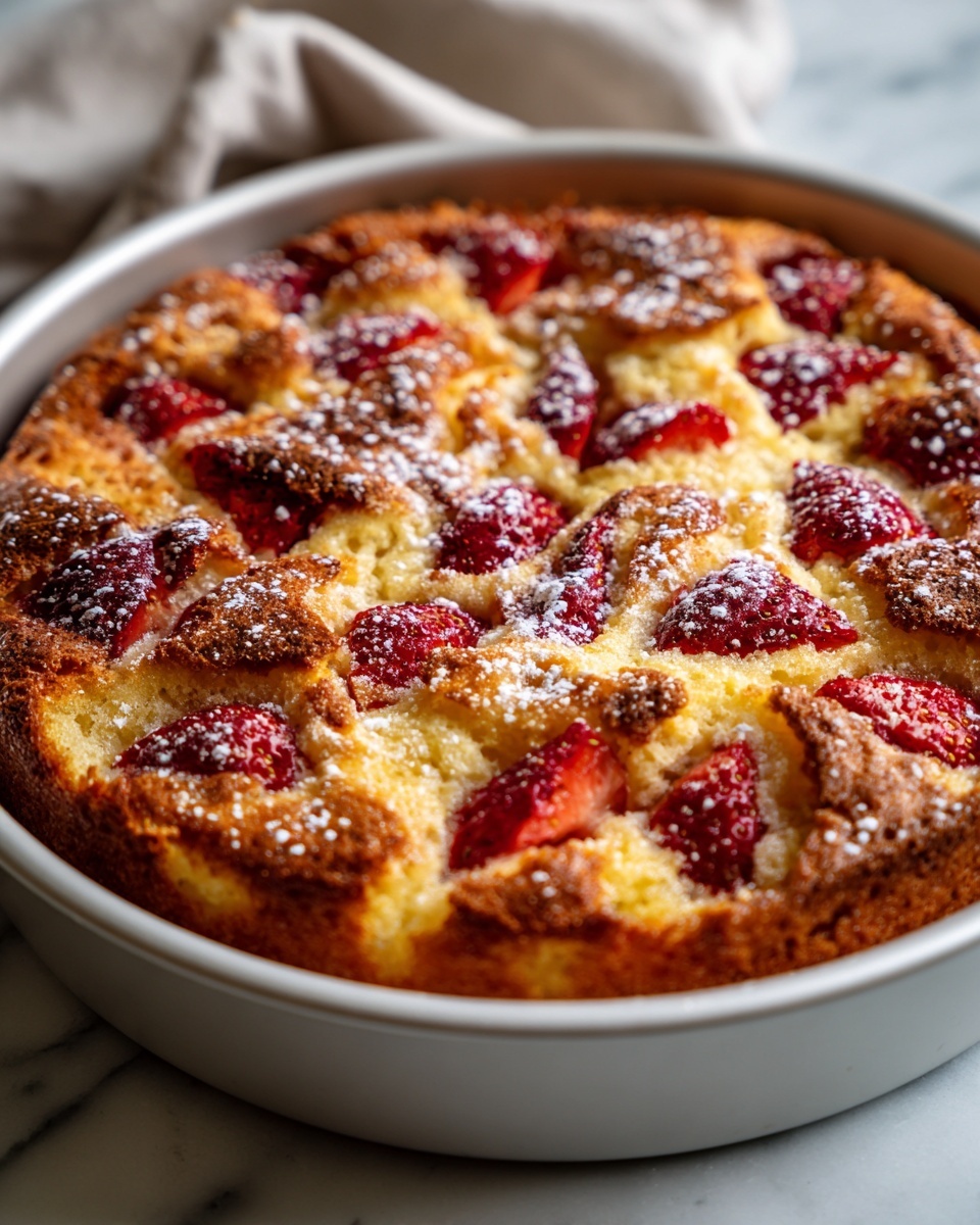 A slice of strawberry cake sits on a white plate with delicate patterns on the edge. The cake has two visible layers: the bottom layer is a light pink, soft texture with chunks of bright red strawberries embedded, and above it is a thicker, golden-yellow sponge layer with a slightly rough surface. The top of the cake is dusted with a fine light white powder. Next to the slice, there is a dollop of white whipped cream topped with one fresh, whole red strawberry with green leaves. The background is a white marbled texture. Photo taken with an iphone --ar 4:5 --v 7