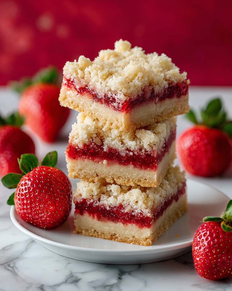 The image shows three square strawberry bars stacked on a white plate. Each bar has three layers: a crumbly light beige base, a bright red and juicy strawberry filling in the middle, and a crumbly beige top layer with a rough texture. The bars look soft and slightly crumbly. Around the plate, there are fresh, whole strawberries with green leaves, adding a fresh touch. The plate sits on a white marbled surface with a red background behind it. photo taken with an iphone --ar 4:5 --v 7