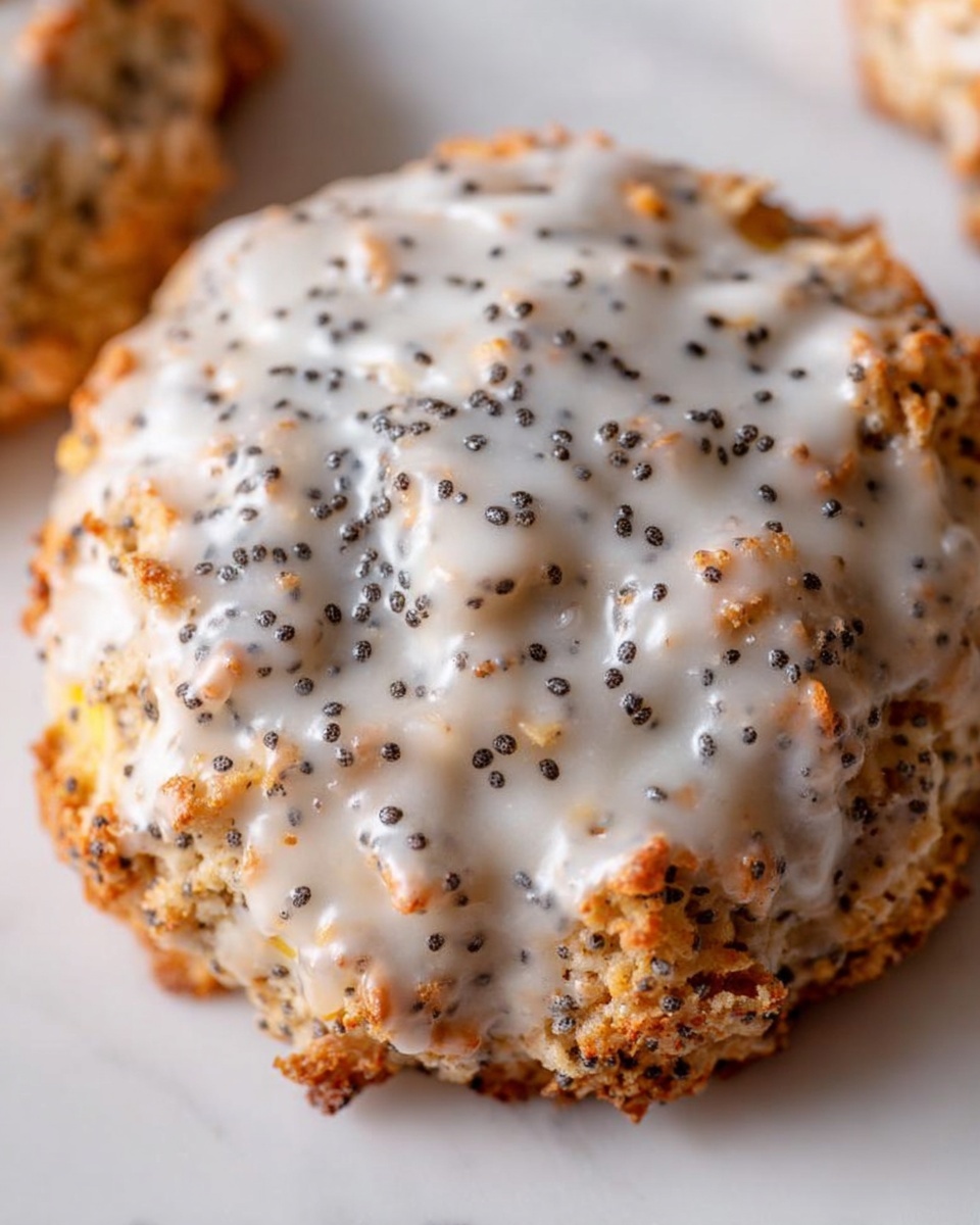 The image shows a round lemon poppy seed cookie with a rough, textured surface. The cookie is covered fully with a thin layer of white icing that glistens softly, and small black poppy seeds are scattered evenly across the top, standing out against the bright icing. The cookie has a warm golden-brown color peeking through the icing, especially on its bumpy edges where the texture looks crumbly and slightly crunchy. The background is a white marbled surface, giving a clean and bright setting. Photo taken with an iphone --ar 4:5 --v 7