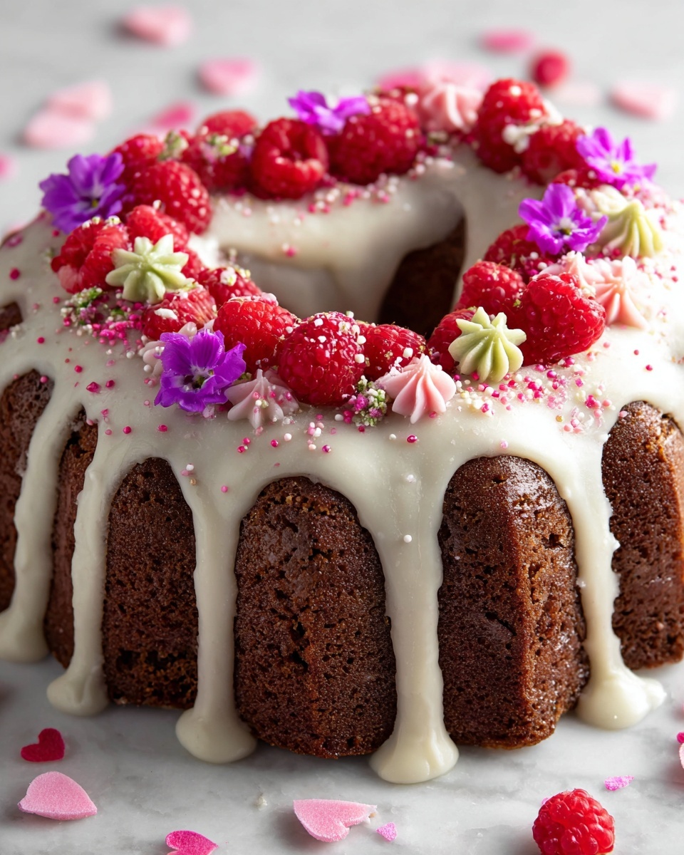 Valentine's Day Heart Chocolate Pound Cake Recipe 4 A dark brown bundt cake with smooth texture is placed on a white marbled surface. The cake is decorated on top with white icing drizzled from the center outward in thin lines covering each ridge. Around the top edge, there is a ring of small turquoise and pink cream dollops alternating with fresh red raspberries, small red heart-shaped sprinkles, and a mix of bright purple and deep red flowers. Extra flowers and raspberries are scattered lightly around the cake on the marbled surface. A white cake server with a pearly white handle sits next to the cake. The background shows a soft pink pattern. photo taken with an iphone --ar 4:5 --v 7