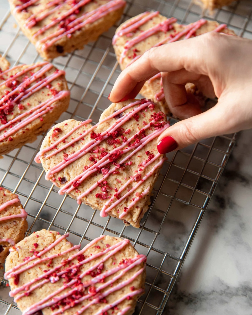 Strawberry Shortbread Cookies with White Chocolate Drizzle Recipe 4 A woman's hand with red nail polish is reaching for large heart-shaped cookies on a metal cooling rack. The cookies are light brown with small dark spots, each decorated with thin pink icing drizzled diagonally across the surface and sprinkled with crushed bright red bits. The metal rack sits on a white marbled surface. Photo taken with an iphone --ar 4:5 --v 7
