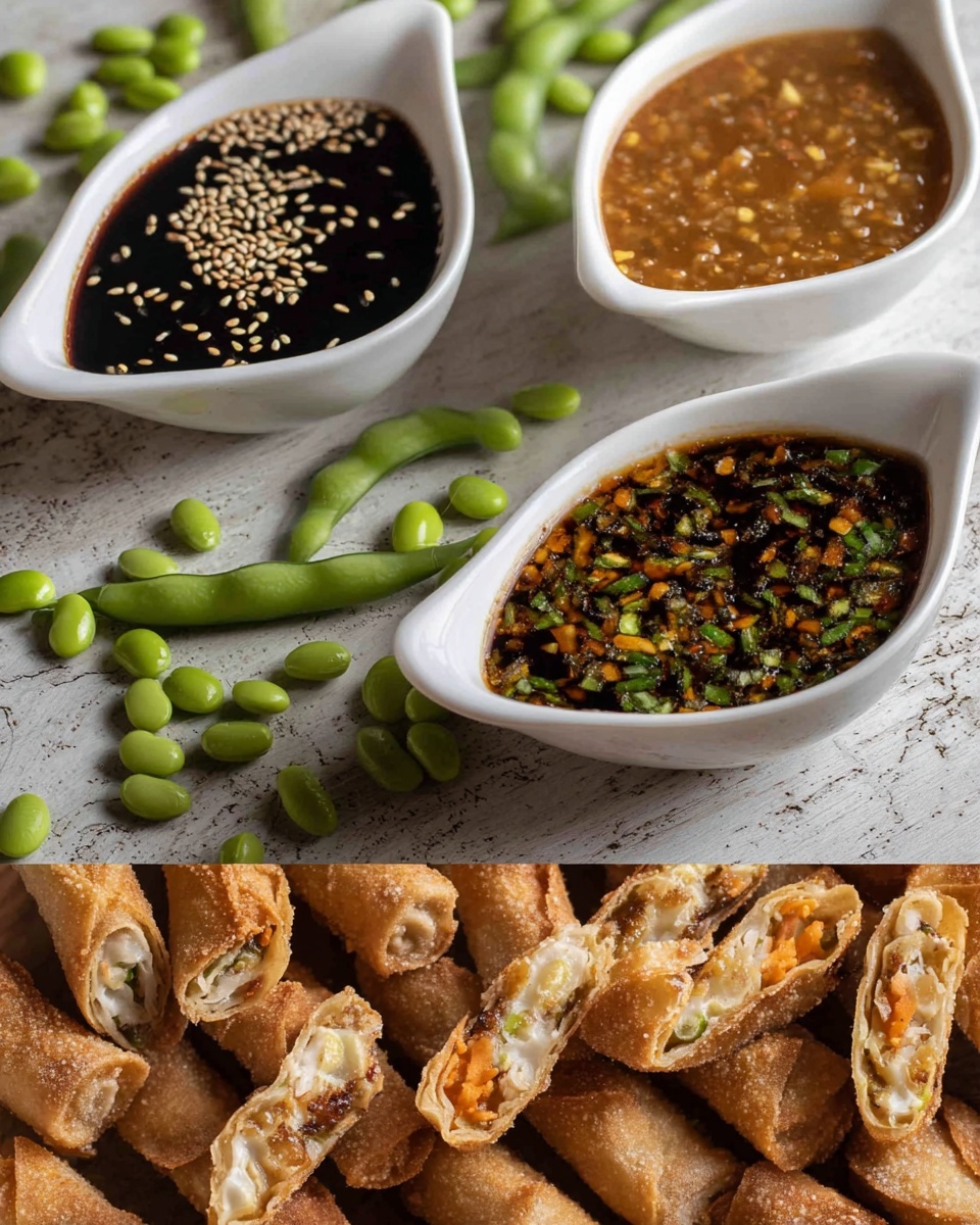 A round wooden board placed on a white marbled surface features many small, golden-brown fried rolls sliced diagonally to show layers inside with finely shredded light orange carrots and green herbs mixed with white filling. Three white, tear-shaped bowls sit close to the center, each filled with a different sauce: one black sauce with scattered tan sesame seeds on top, one smooth light brown sauce with bits of crushed nuts, and one dark brown sauce with floating chopped green herbs and thin round slices. Green pods are scattered between the bowls and the rolls around the board. Photo taken with an iphone --ar 4:5 --v 7