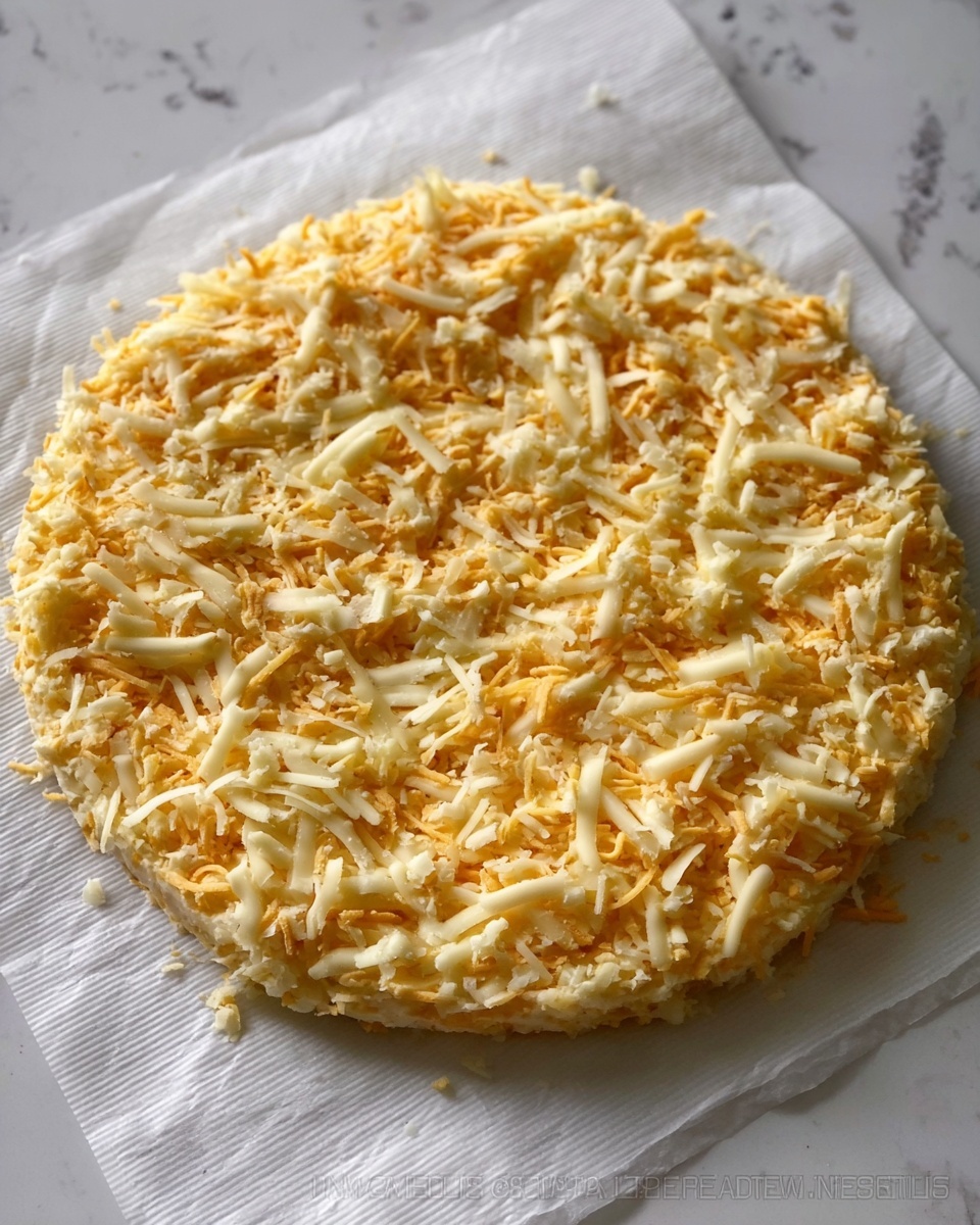 The image shows a single round layer made of a mixture of shredded yellow and white cheese spread evenly on white parchment paper over a white marbled surface. The cheese layer looks slightly loose but uniform in thickness and texture, with the different colored cheese strands mixed throughout, creating a speckled yellow and white pattern. The circle shape is clear with a slightly uneven edge all around. Photo taken with an iphone --ar 4:5 --v 7