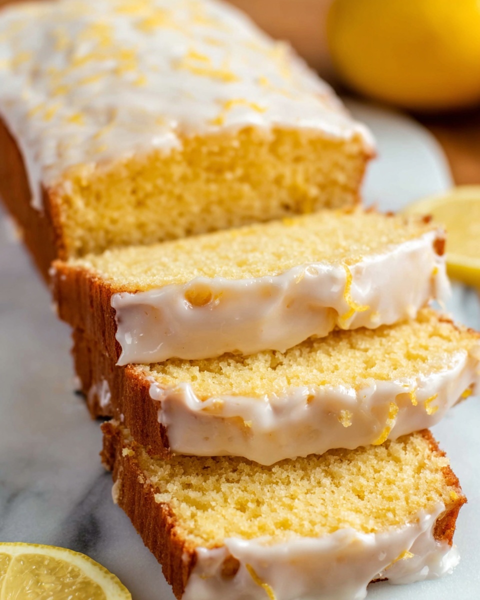 Keto Lemon Bread Recipe 6 A loaf-shaped yellow cake is shown on a white marbled surface, with the front part sliced into four pieces. Each slice and the top of the whole loaf are covered with a light, smooth white icing that drips slightly down the sides. The cake looks soft and moist with a fine crumb texture inside. The background is softly blurred with yellow lemons partially visible. Photo taken with an iphone --ar 4:5 --v 7