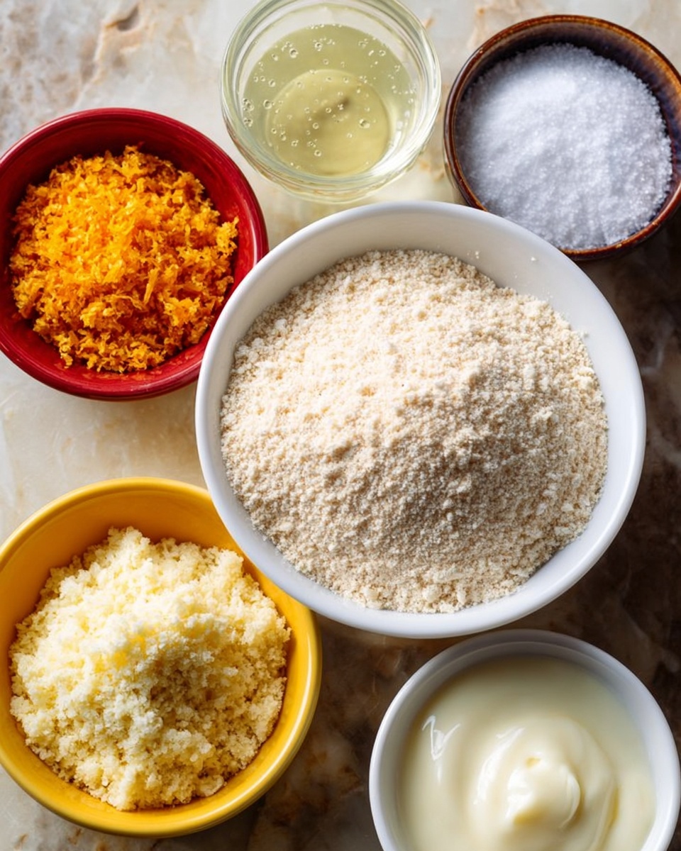 Keto Lemon Bread Recipe 5 A white bowl filled with light beige powder takes the center, surrounded by five smaller bowls on a white marbled surface. To the top right, a small white bowl holds white granulated sugar. Above center, a clear glass cup contains a pale yellow liquid with small bits inside. To the left, a red bowl filled with bright orange finely grated zest is next to a yellow bowl with a white coarse powder. At the bottom, a clear bowl holds a smooth, creamy white substance. photo taken with an iphone --ar 4:5 --v 7
