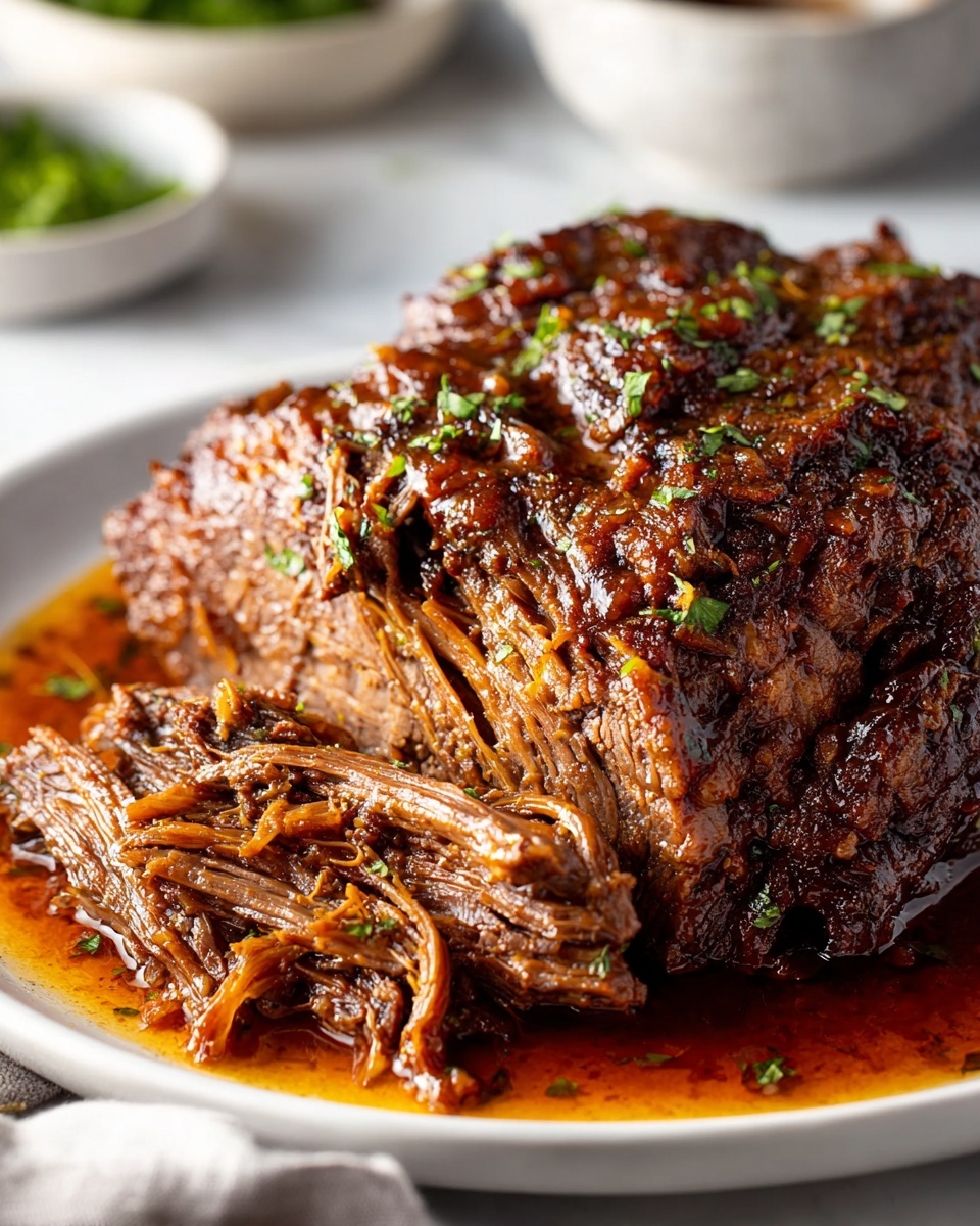 Slow Cooker Beef Brisket with Savory Gravy Recipe 4 A close-up of a large piece of dark brown braised meat with a shiny, textured surface sitting on a white plate. Underneath the meat are thick brown ribs partially covered by rich, dark sauce pooling on the plate. Around the meat are chunks of golden caramelized onions, glistening in the sauce. On top, a few bright green scallions lay, contrasting with the dark meat. The dish is on a white marbled surface with a blurry kitchen background. Photo taken with an iphone --ar 4:5 --v 7