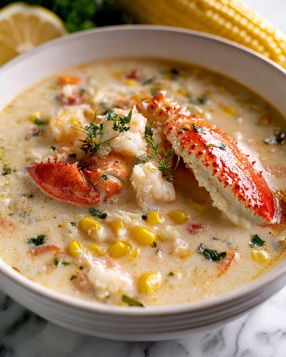 Bobby Flay’s Crab & Corn Chowder Recipe – Creamy & Delicious Recipe 4 The image shows a white bowl filled with creamy seafood chowder. The chowder is a light beige color with visible chunks of white crab meat and bright yellow corn pieces scattered throughout. On top, there is a large crab claw with red-orange shell resting partly submerged in the soup. Small green herb bits float on the surface, adding color contrast. The bowl sits on a white marbled surface, with a blurred piece of corn and lemon in the background and a close-up view accentuating the thick texture of the chowder. Photo taken with an iphone --ar 4:5 --v 7