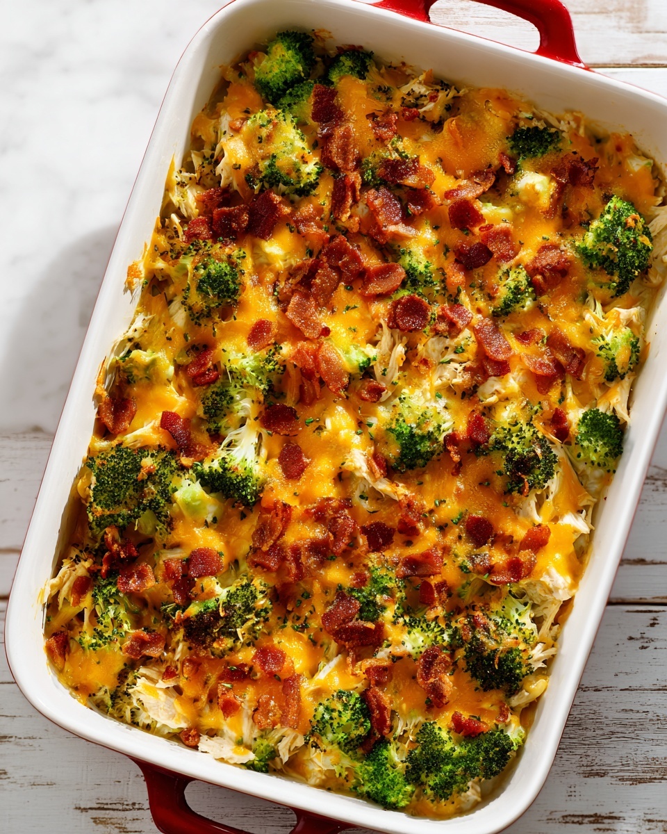 Rectangular white ceramic baking dish filled with a hearty broccoli and shredded chicken casserole, generously topped with melted golden cheddar cheese and crispy bacon bits scattered evenly across the surface, vibrant green broccoli florets peeking through the cheesy layer, the whole dish presented in its red-handled baking dish on a white marble countertop, natural lighting highlights the rich textures and colors of the casserole, professional 3/4 angle food magazine style photo taken with an iphone --ar 4:5 --v 7