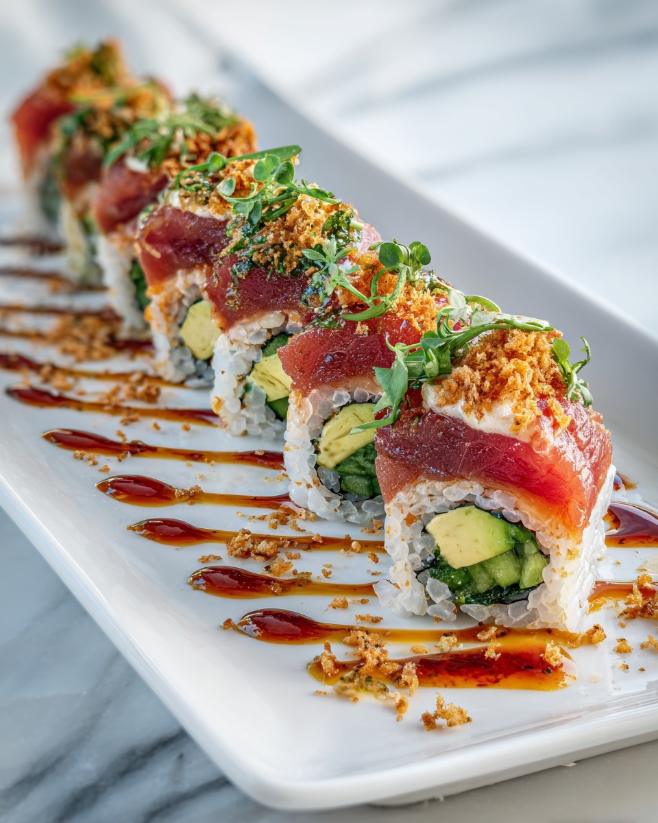 White rectangular serving plate filled with a complete set of eight spicy baked sushi rolls, each generously topped with creamy spicy mayo, finely chopped seafood mix, sprinkled with black and white sesame seeds, vibrant red chili flakes, and fresh sliced green onions; the sushi rolls neatly arranged in two rows, showcasing the entire uncut dish, photographed at a 3/4 angle on a white marble countertop, with natural lighting highlighting the textures and garnishes, professional food styling photo taken with an iphone --ar 4:5 --v 7