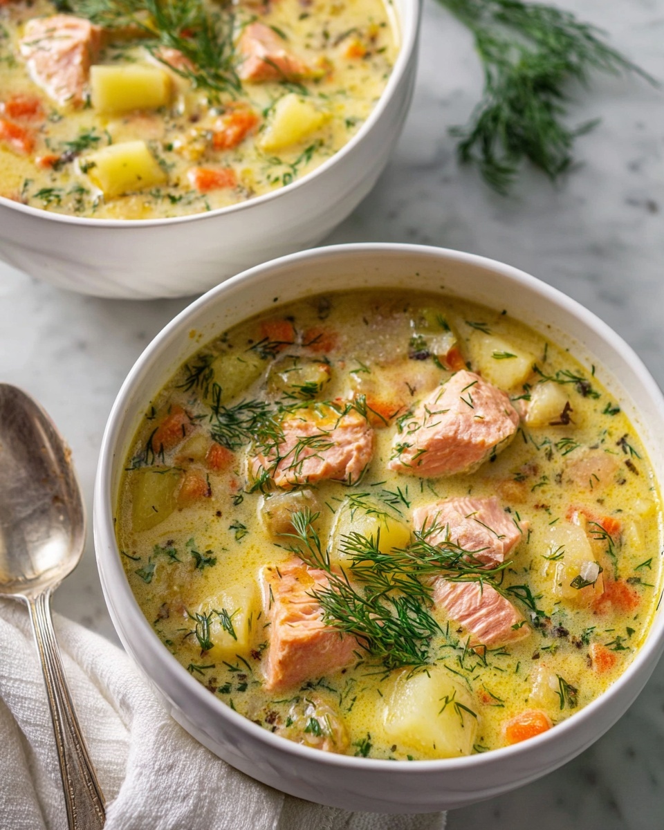 Two large white bowls filled with creamy salmon chowder, packed with generous chunks of pink salmon, diced potatoes, and carrots, all simmered in a rich, herb-infused broth speckled with fresh dill. The overall presentation includes an appealing garnish of fresh dill sprigs, sitting on a white marble countertop with natural lighting, styled like a professional food magazine hero shot, showing the full bowls in their entirety. photo taken with an iphone --ar 4:5 --v 7