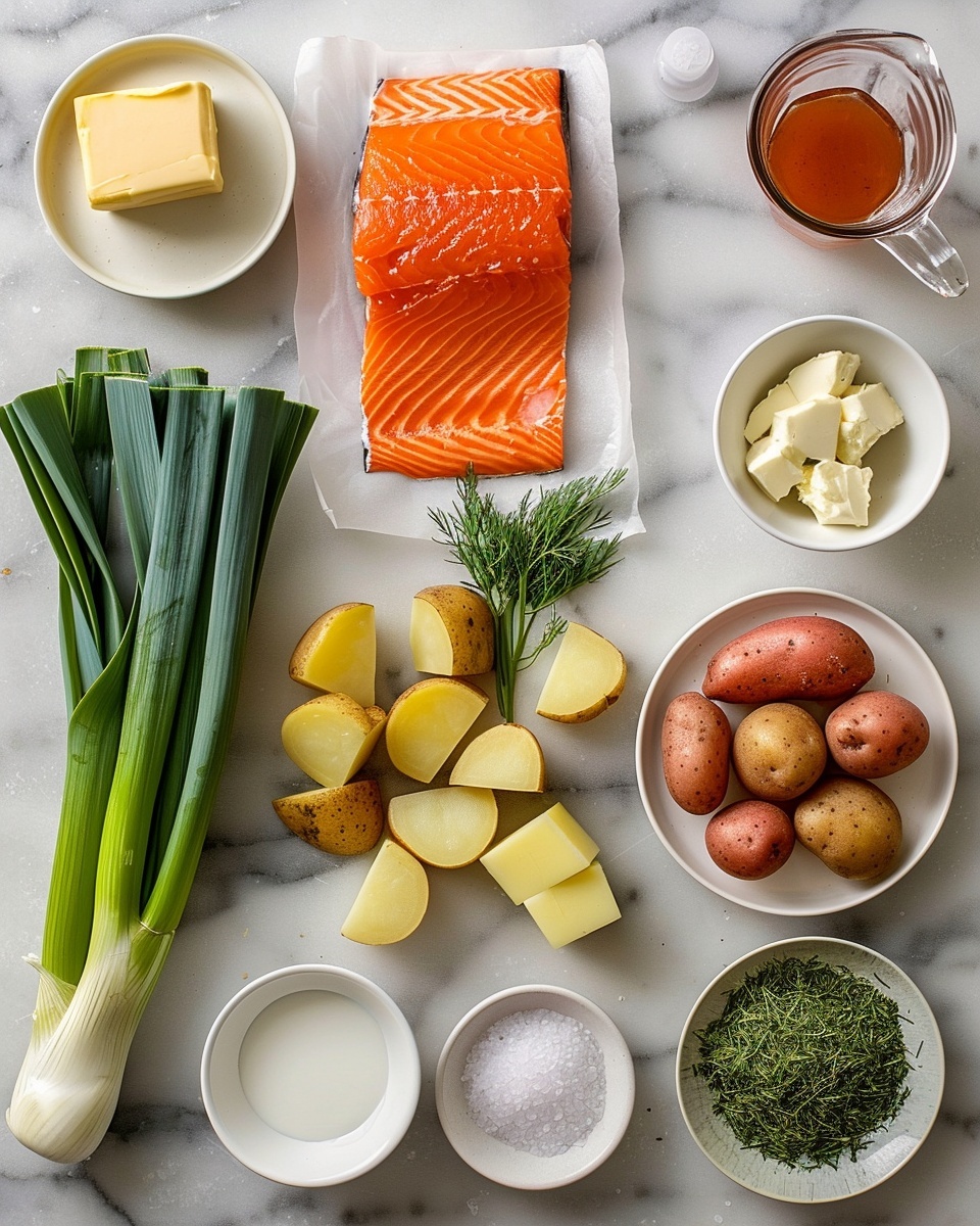 Single white bowl filled with a creamy salmon chowder, showcasing tender chunks of pink salmon, diced potatoes, and orange carrot pieces immersed in a rich, herb-flecked broth with fresh dill garnish on top, close-up angled shot revealing the texture of the fish and vegetables, placed on a white marble surface with natural lighting, intimate plated serving photo taken with an iphone --ar 4:5 --v 7