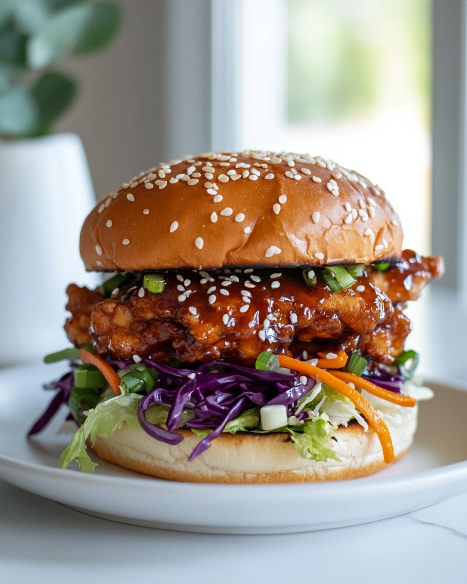 Korean BBQ Chicken Sandwich with Zesty Cabbage Slaw Recipe 6 Whole large white plate displaying a complete, uncut Asian-inspired chicken sandwich with a glossy, sesame seed-topped golden brioche bun, layered with crispy chicken glazed in a rich, sticky sauce, fresh shredded iceberg and purple cabbage, bright carrot slivers, and finely sliced green onions sprinkled with toasted white sesame seeds, arranged in a pristine white setting on a white marble countertop with natural lighting, capturing the vibrant colors and textures vividly, professional food magazine hero shot, photo taken with an iphone --ar 4:5 --v 7