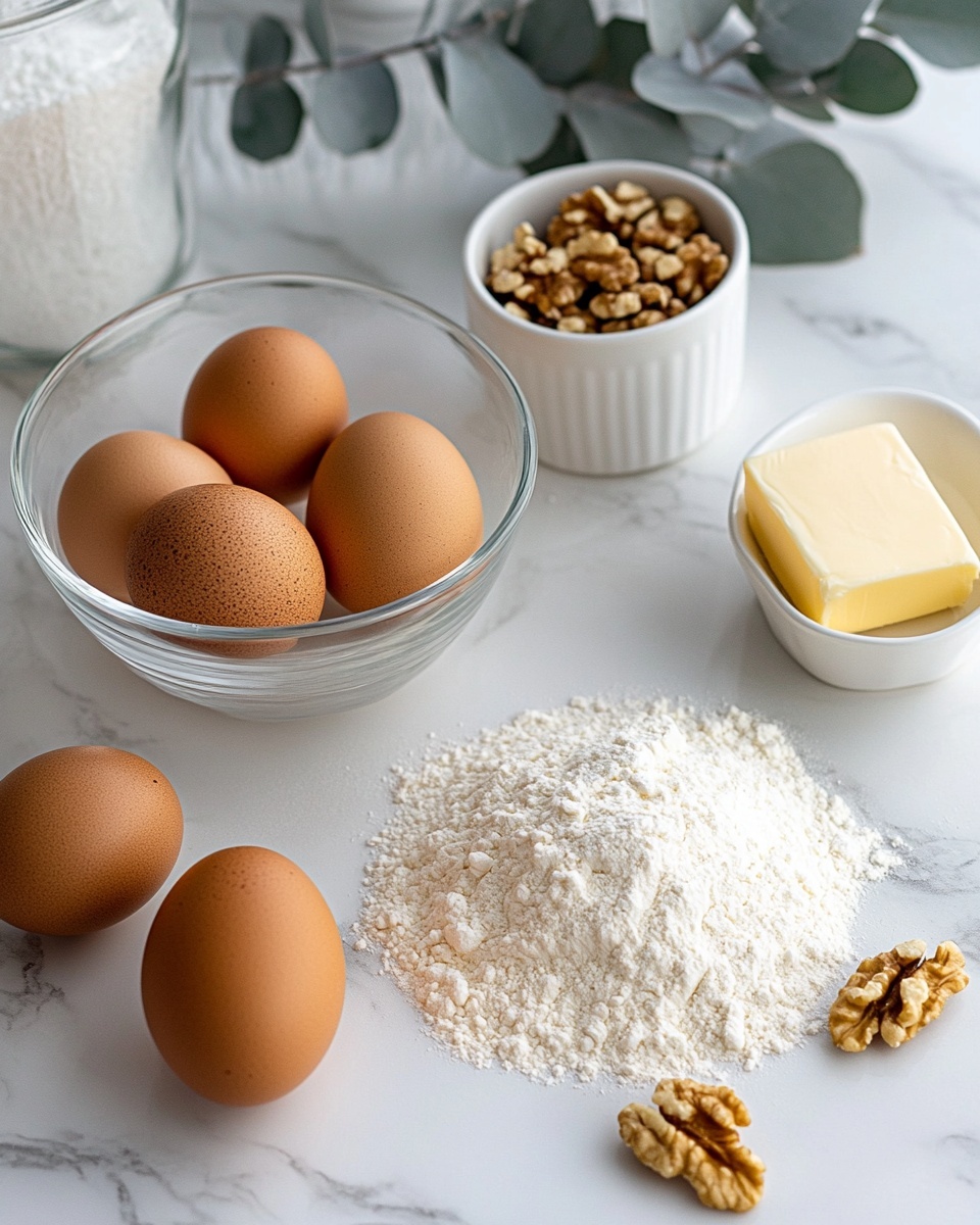 Flaky Italian Nut Roll Cookies Recipe 5 Single white plate featuring one rolled pastry filled with a dense layer of chopped walnuts, the tender, flaky pastry dough visible in a close-up cross-section, dusted lightly with powdered sugar and sprinkled with walnut halves on top and around the plate, natural light highlighting the golden texture of the crust, placed on a white marble surface, intimate plated serving photo taken with an iphone --ar 4:5 --v 7