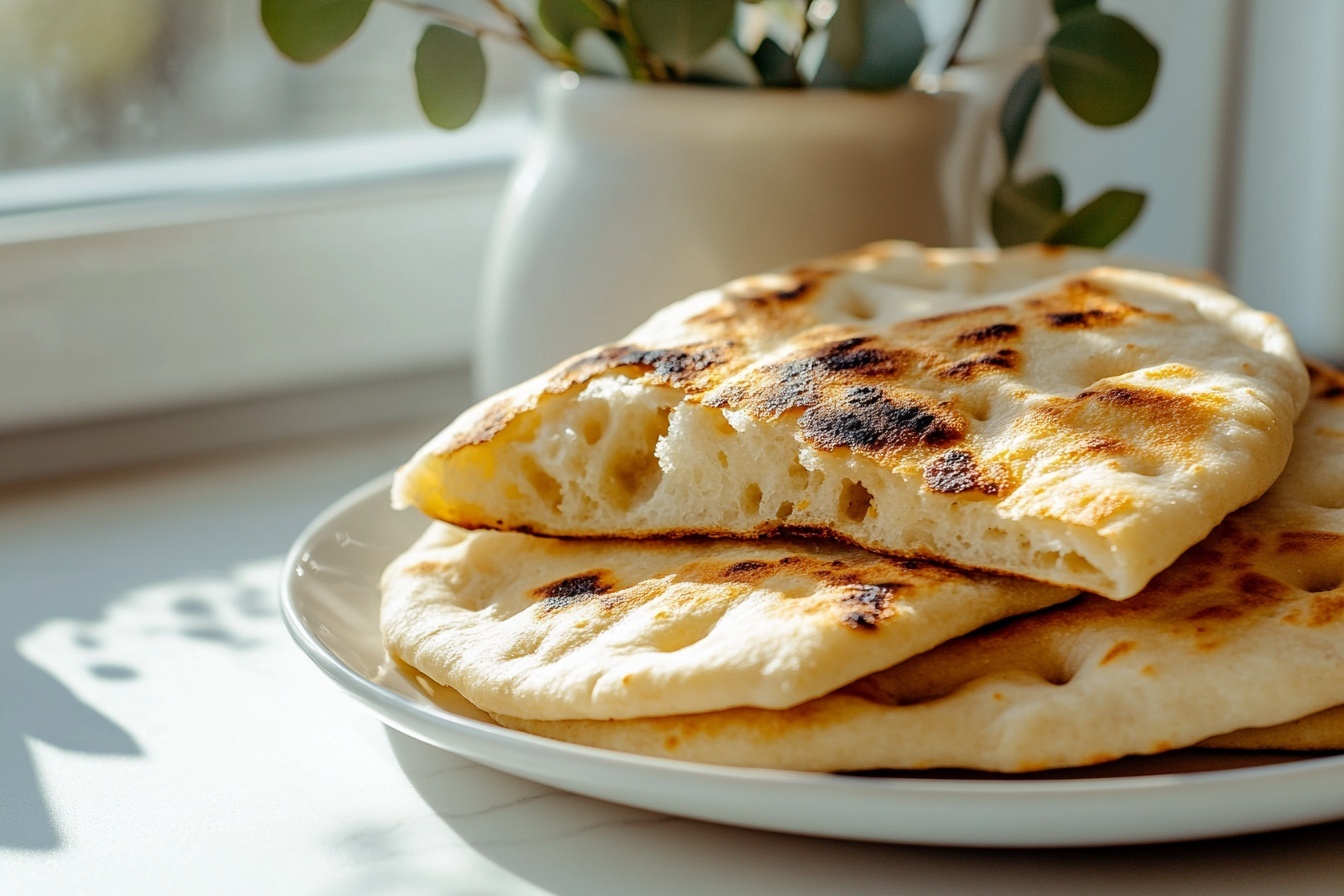 Gyro Bread Recipe 6 Stack of several whole freshly made flatbreads neatly piled on a white linen cloth with a hint of a blue woven kitchen towel underneath, showing soft, fluffy texture with golden toasted spots on the surface, presented as a complete batch on a white marble countertop, natural light highlighting the warm tones, professional food styling photo taken with an iphone --ar 4:5 --v 7