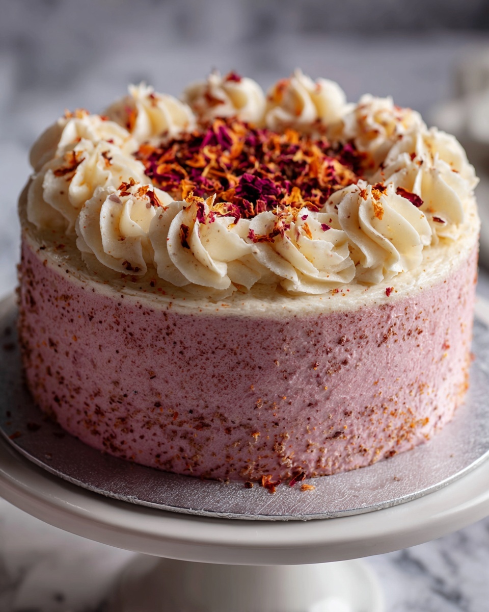 A round cake with six visible layers sits on a white marbled surface, each layer showing a gradient from dark pink at the bottom, through lighter pinks and beige, to a creamy off-white top layer. The frosting on the top layer is smooth with a swirled texture and is decorated with red and pink rose petals dusted lightly with sugar. A slice is removed, revealing a textured, speckled cake inside, and in the blurred background, a slice of cake rests on a white plate with a floral design. A woman’s hand is reaching towards the cake. Photo taken with an iphone --ar 4:5 --v 7