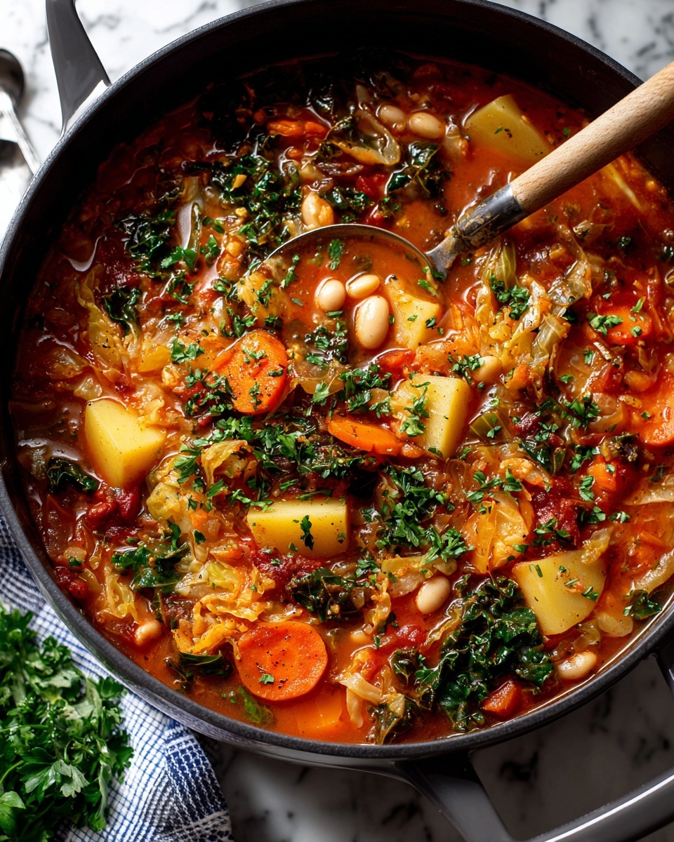 Hearty Cabbage Soup with Tomatoes, Beans, and Potatoes Recipe 5 A large black pot filled with chunky vegetable soup showing layers of yellow potato pieces, orange carrot slices, white beans, and chunks of green cabbage in a red tomato broth, with fresh green herbs sprinkled on top. A wooden ladle with a light handle is scooping some soup inside the pot. Two white bowls on a white marbled surface hold similar servings of the soup, showing all the colorful layers clearly. One bowl has a silver spoon resting inside, and a blue and white checkered cloth is placed beside the bowls. Fresh green herbs lay beside the pot on the white marbled surface. Photo taken with an iphone --ar 4:5 --v 7