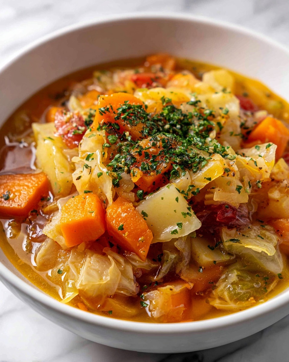 Hearty Cabbage Soup with Tomatoes, Beans, and Potatoes Recipe 6 A top view of various cooking ingredients laid out on a white marbled surface, including two bright orange carrots with a smooth texture on the left side, a light brown onion with a slightly rough skin below them, and a round, pale green cabbage with firm, layered leaves near the center. Next to the cabbage are two light brown potatoes with a smooth but earthy surface. In the upper middle, there is a small white bowl filled with beige-colored beans, showing their round, smooth texture. Near this bowl is a clear glass pitcher with a brown liquid, likely broth. Two open cans filled with red diced tomatoes sit side by side on the right. A small white dish with herbs sits near the bottom, alongside several white garlic cloves and a small wooden bowl of fresh, green celery pieces. A small glass bottle with a golden liquid, possibly oil, and a tiny white bowl with salt complete the assortment. Photo taken with an iphone --ar 4:5 --v 7