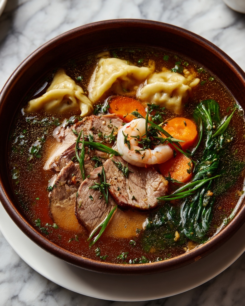 The image shows a wooden cutting board with different fresh ingredients arranged on it. On the top left, two green onions with white bottoms and long green tops lie side by side next to a piece of light brown ginger root. Toward the top right, two small, bright green bok choy vegetables lay near a clear plastic container filled with bok choy submerged in water. Next to the bok choy is a sealed clear plastic package of won ton wrappers with an orange and red label displaying text. On the right side of the cutting board are two peeled garlic cloves and a small red onion with its outer skin partly cracked. The background surface is white with a marbled pattern. Photo taken with an iphone --ar 4:5 --v 7